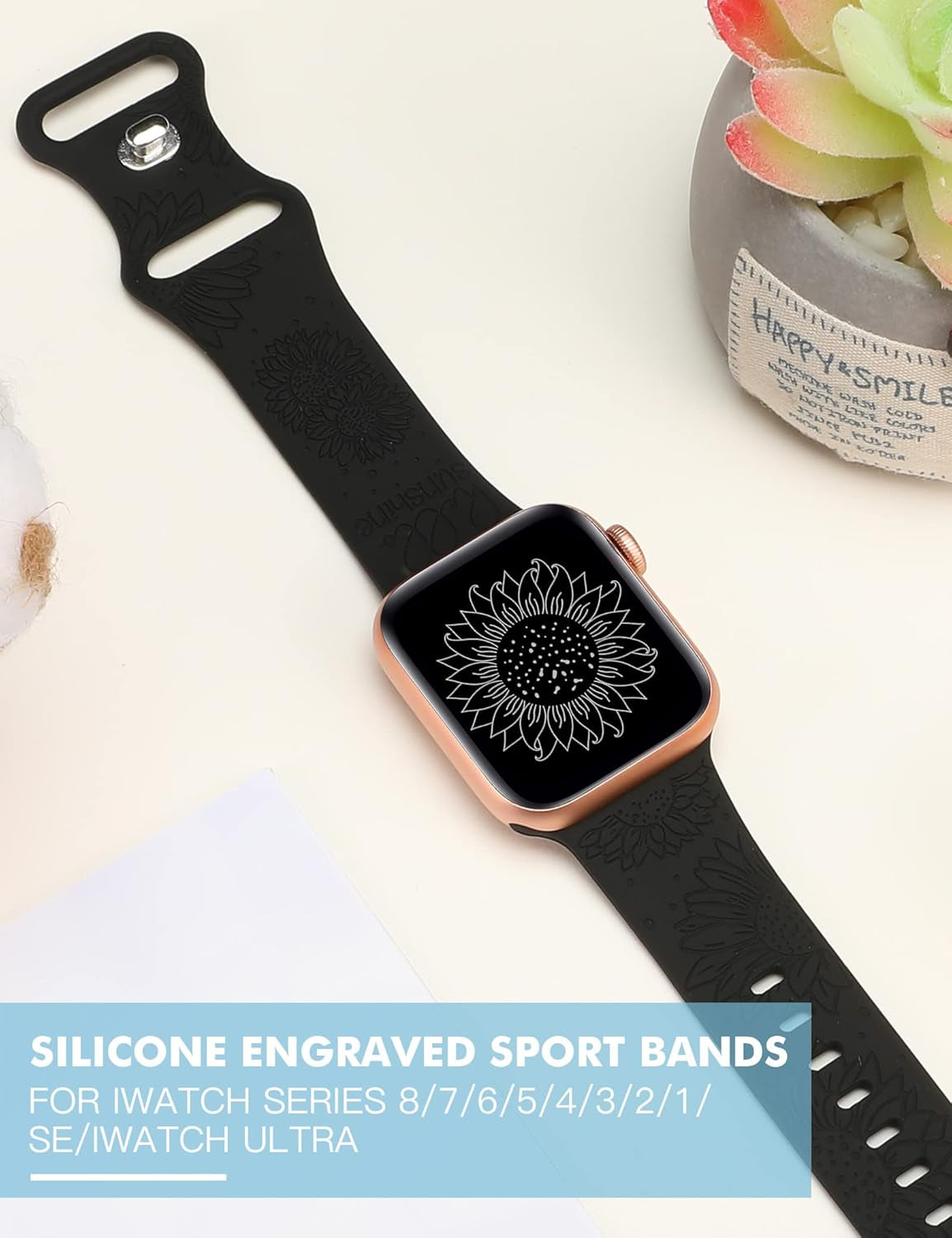 Sunflower Engraved Band Compatible with Apple Watch Bands 42Mm 41Mm 40Mm 38Mm Women, Floral Fancy Fashion Dressy Sport Silicone Flower Straps for Iwatch Series 10/9/SE/8/7/6/5/4/3/2/1