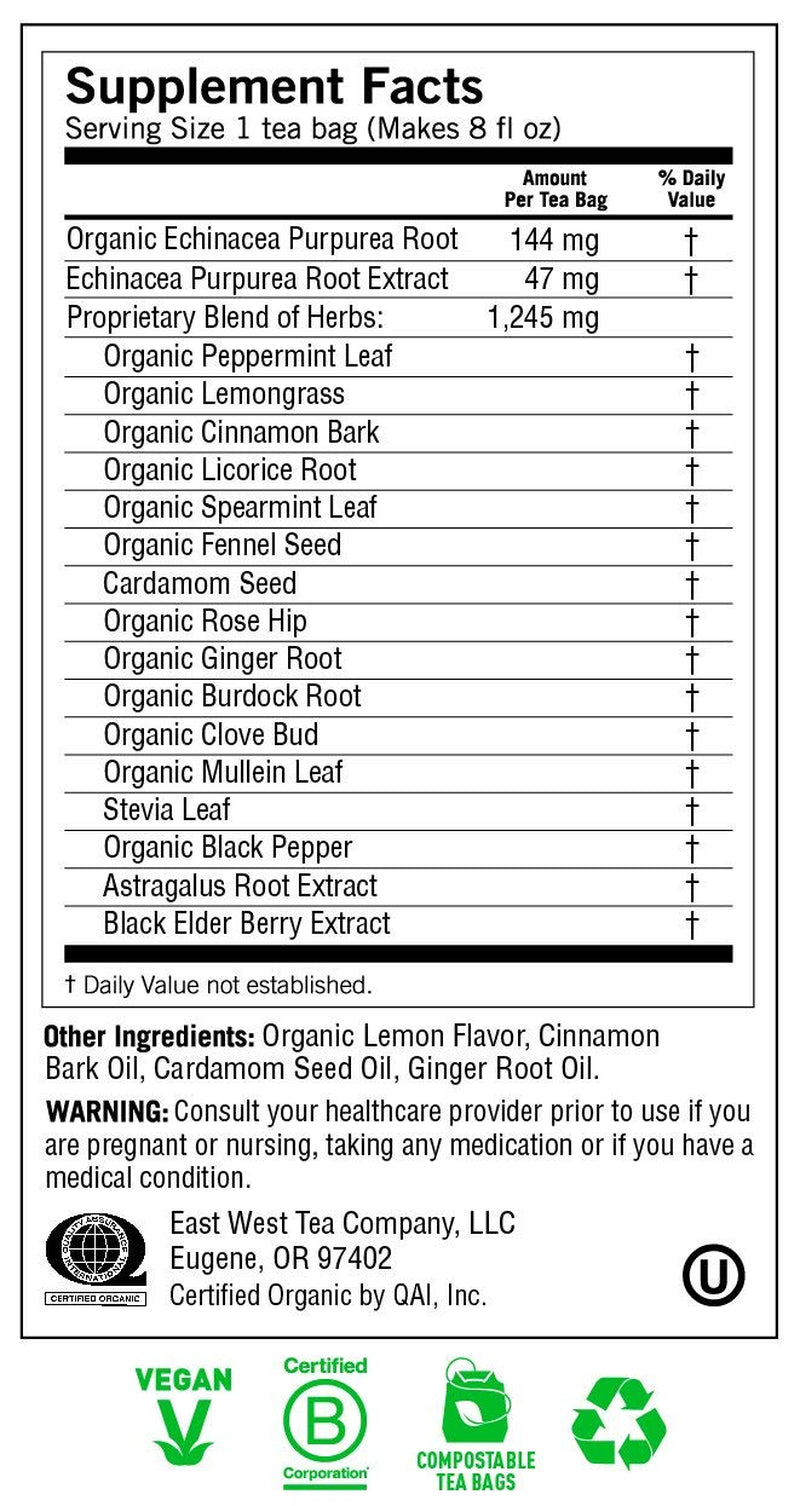 Echinacea Immune Support Organic Tea, Caffeine-Free, Vegan Friendly, Kosher, USDA Certified Organic, Non-Gmo, 16 Tea Bags TLBH