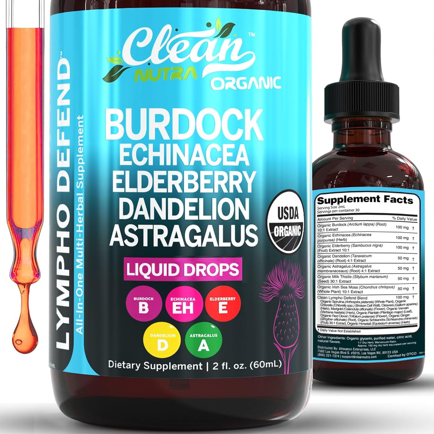 Organic Lymphatic Drainage Drops Supplement with Burdock Root Echinacea Elderberry Dandelion Astragalus Milk Thistle Sea Moss Red Clover Lymphatic Cleanse Immune Support Marigold Drop by Clean Nutra TLBH