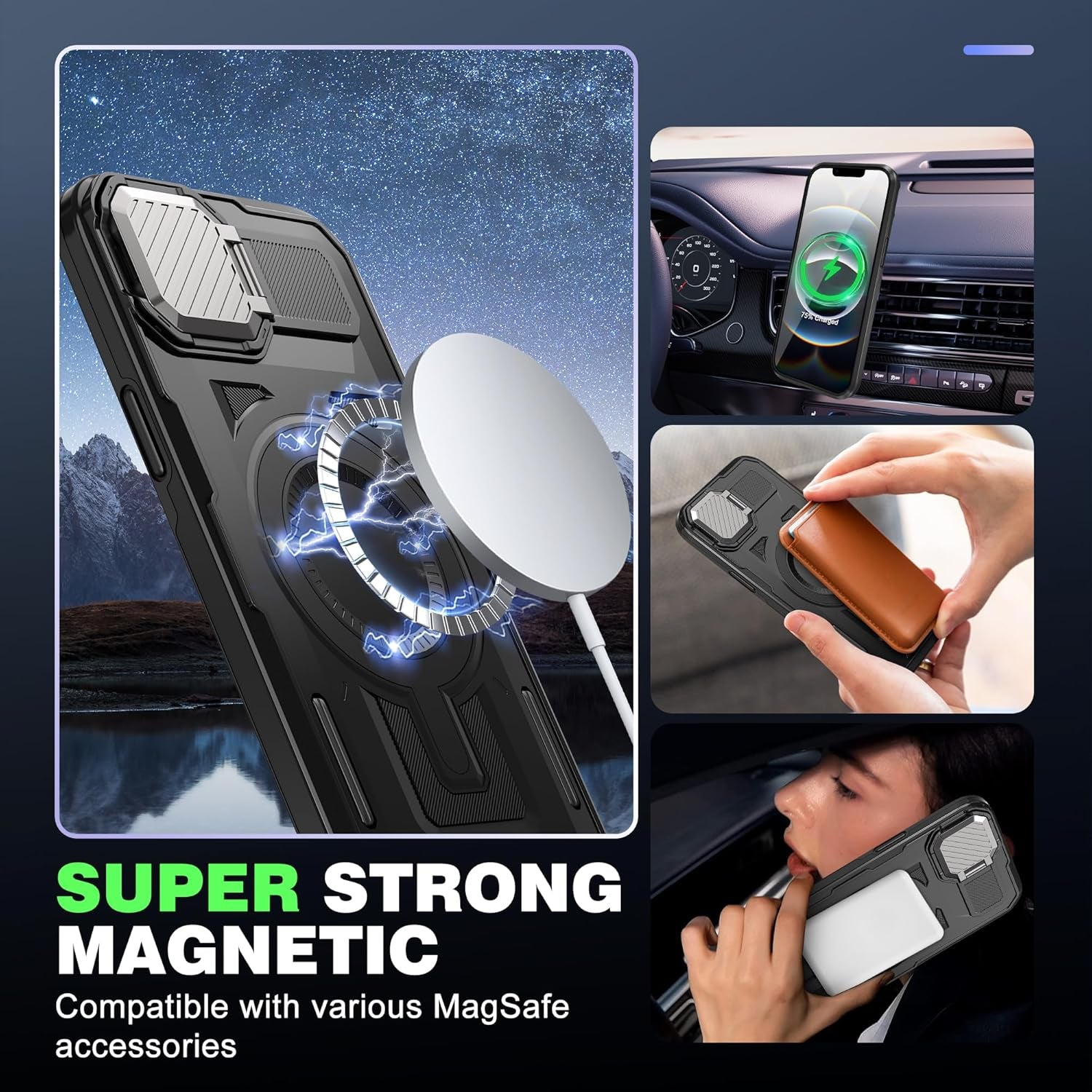 For Iphone 16E Case, 16E Case 2025 with Camera Cover Stand[Compatible with Magsafe] Heavy Duty Drop Shockproof Slim Protection Rugged Magnetic Phone Case for Iphone 16E Case 6.1",Black