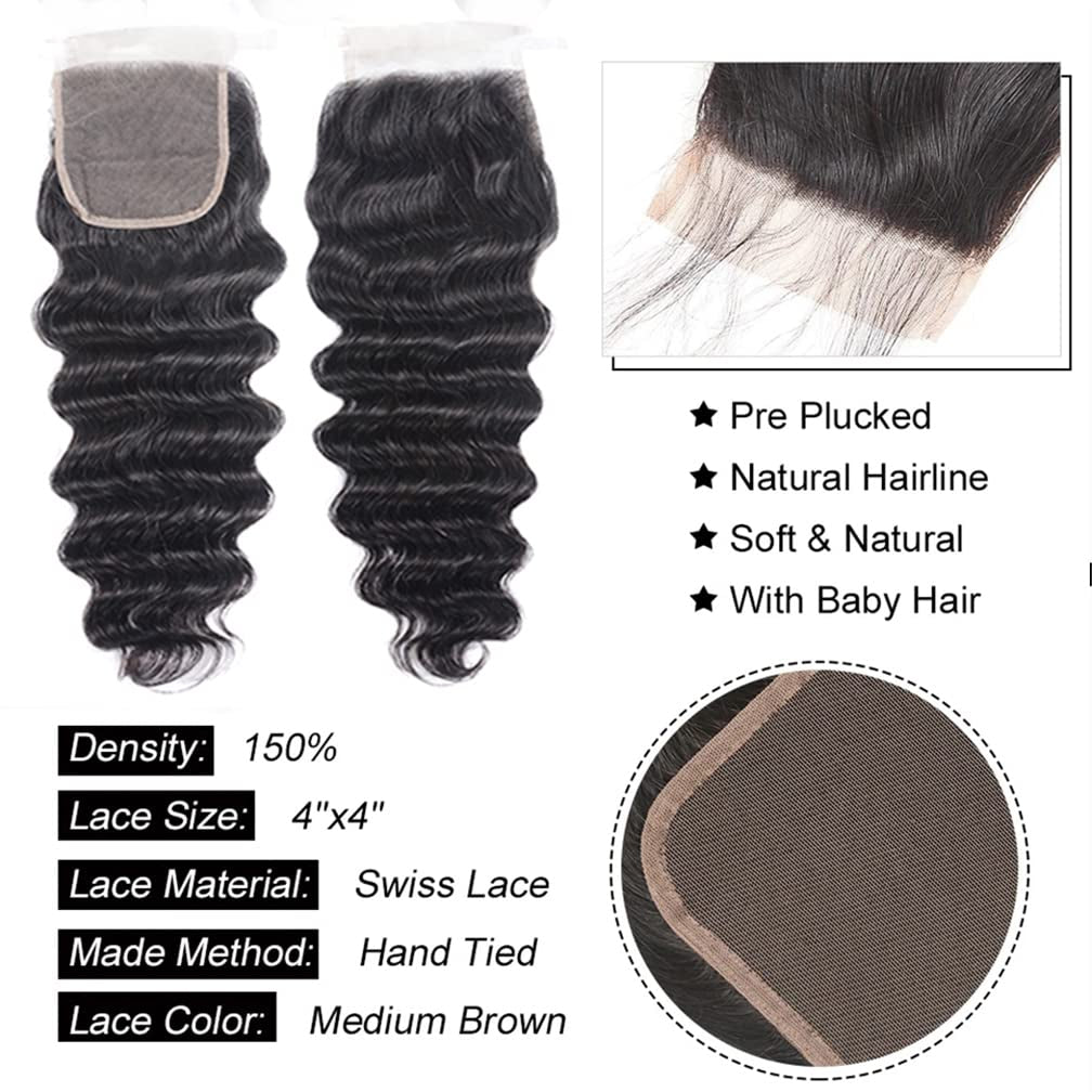 Brazilian Loose Deep Wave Bundles with Closure Loose Wave Human Hair Bundles with Closure Brazilian Deep Weave Bundles 100% Real Unprocessed Virgin Human Hair Bundles with 4 * 4 Closure 10 12 14 +10