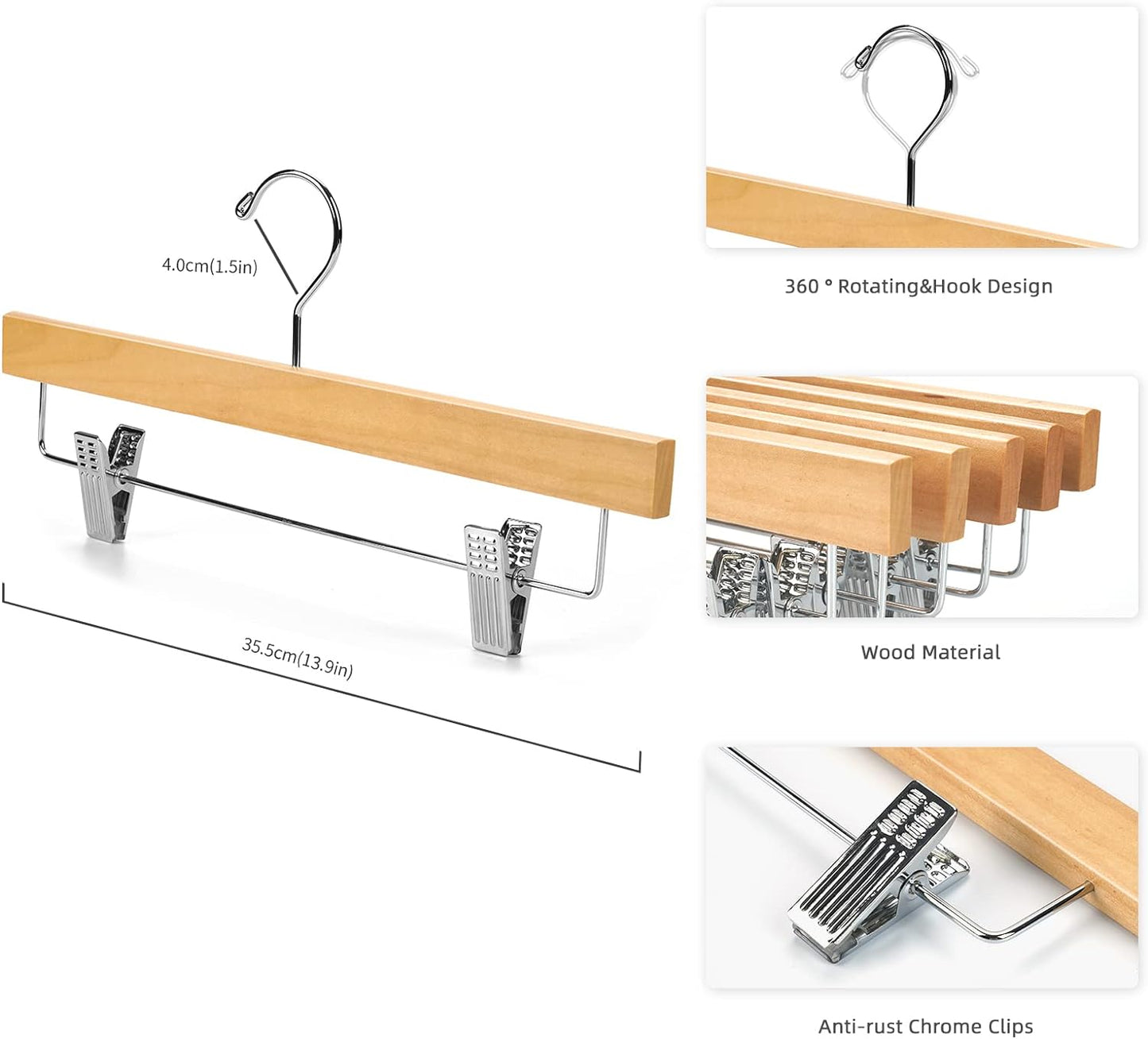 Solid Lotus Wood Deluxe Wooden Pants Hangers Bottom Hanger Jeans Hanger Skirt Hanger with 2-Adjustable Clips Anti-Rust Hook Pack of 10 (Natural)