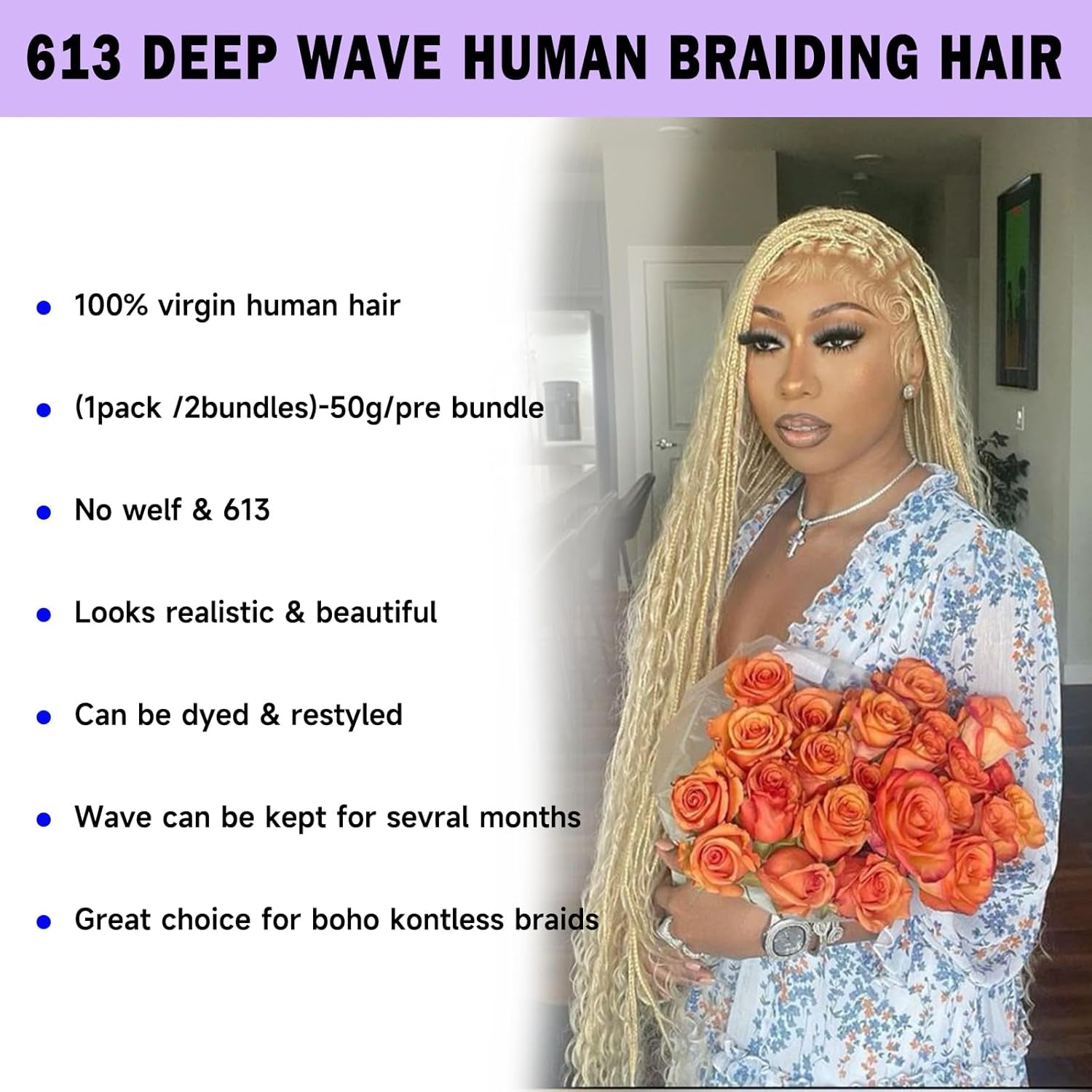 Langer 613 Blonde Human Braiding Hair Deep Wave Bulk Human Hair for Braiding No Weft Bundle 150G 3 Bundles/Pack 16A Brazilian Virgin Water Curly Human Hair Extensions for Braids Human Hair 18 Inch