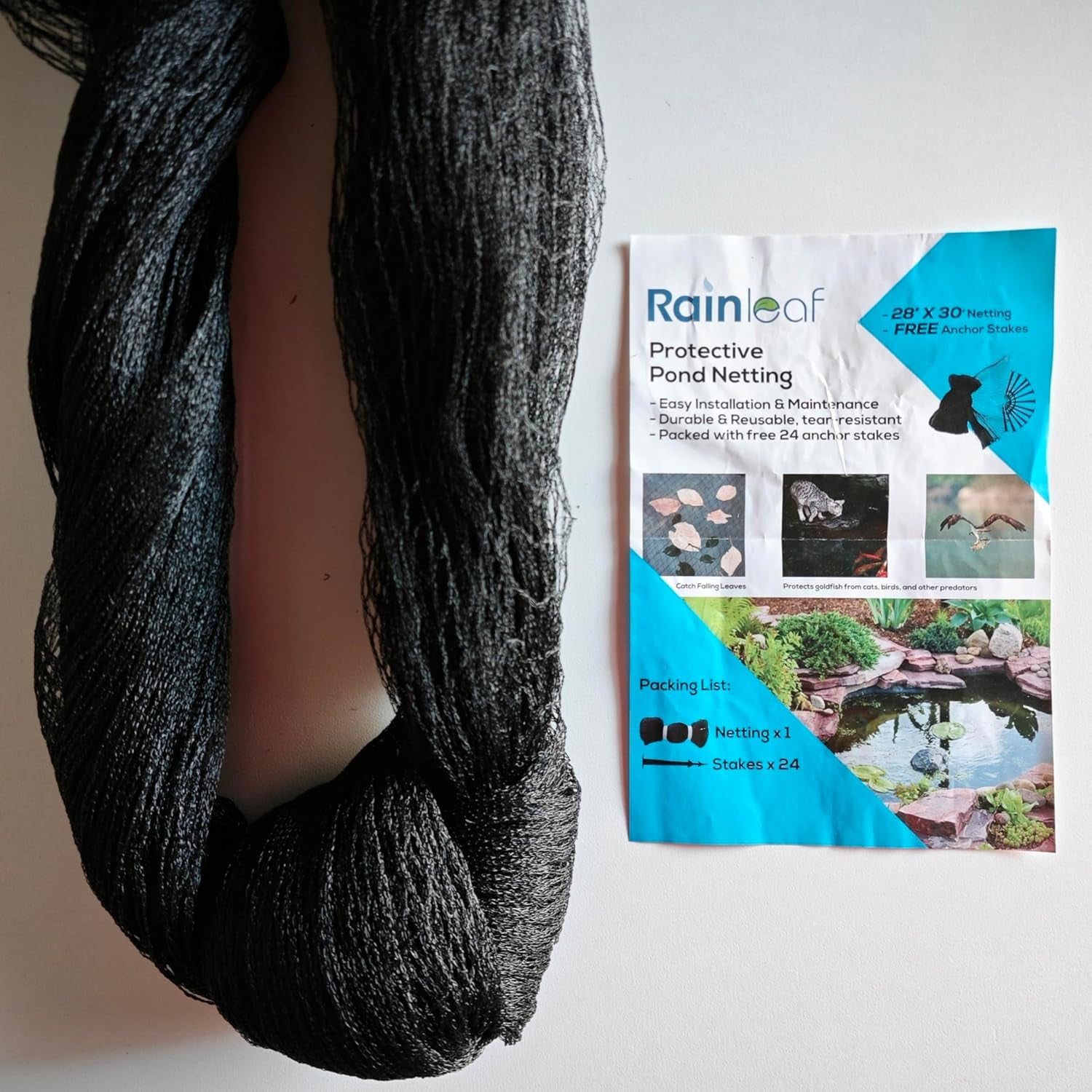 Pond Netting, 7' X 10' Pond Net Cover, Koi Pond Netting for Leaves, Heavy Duty Koi Pond Net Protecting Koi Fish from Herons, Stakes Included