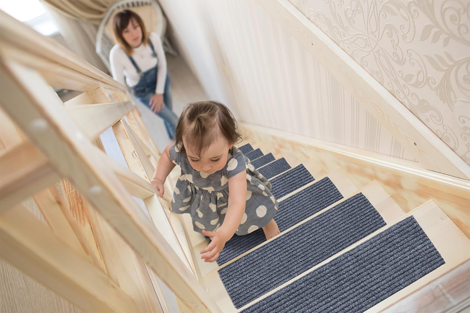 Solid Design Non-Slip Rubberback 8" X 30" Indoor/Outdoor Waterproof Stair Treads for Stairs, Garage, Patio, 7 Pack, Gray