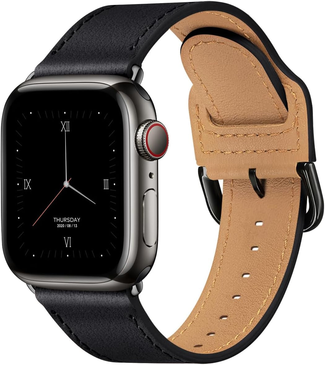 Leather Bands Compatible with Apple Watch Band 38Mm 40Mm 41Mm 42Mm 44Mm 45Mm 49Mm, Genuine Leather Strap Compatible for Women Men Iwatch SE Ultra Series 9 8 7 6 5 4 3 2 1 (Black/Black)