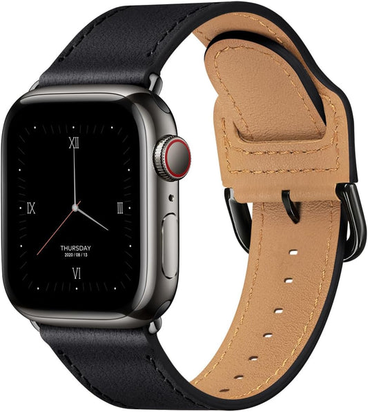 Leather Bands Compatible with Apple Watch Band 38Mm 40Mm 41Mm 42Mm 44Mm 45Mm 49Mm, Genuine Leather Strap Compatible for Women Men Iwatch SE Ultra Series 9 8 7 6 5 4 3 2 1 (Black/Black)