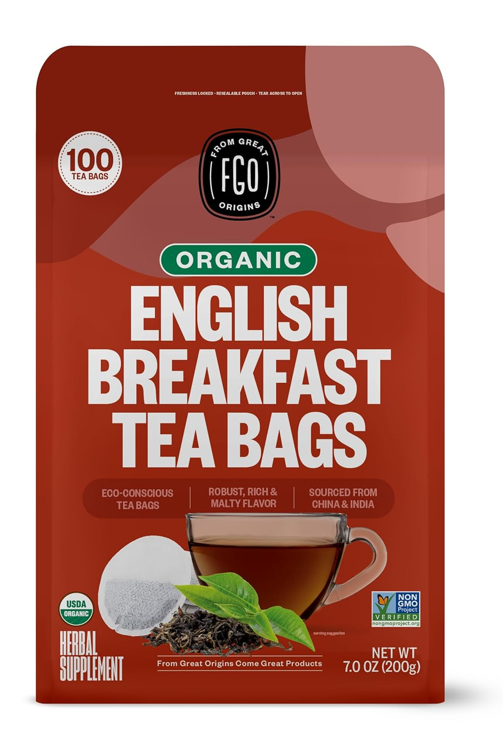 Organic Tulsi Holy Basil Tea, 100 Count, Eco-Conscious Herbal Tea Bags, Resealable Bag, Caffeine Free, Packaging May Vary (Pack of 1) TLBH