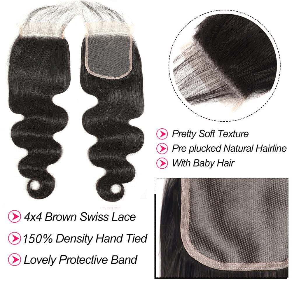 Body Wave Bundles with Closure 100% Brazilian Virgin Human Hair Bundles with Closure 12A Unprocessed Body Wave Weave 3 Bundles Human Hair with Closure 4X4 HD Lace Natural Black (18 20 22+16)
