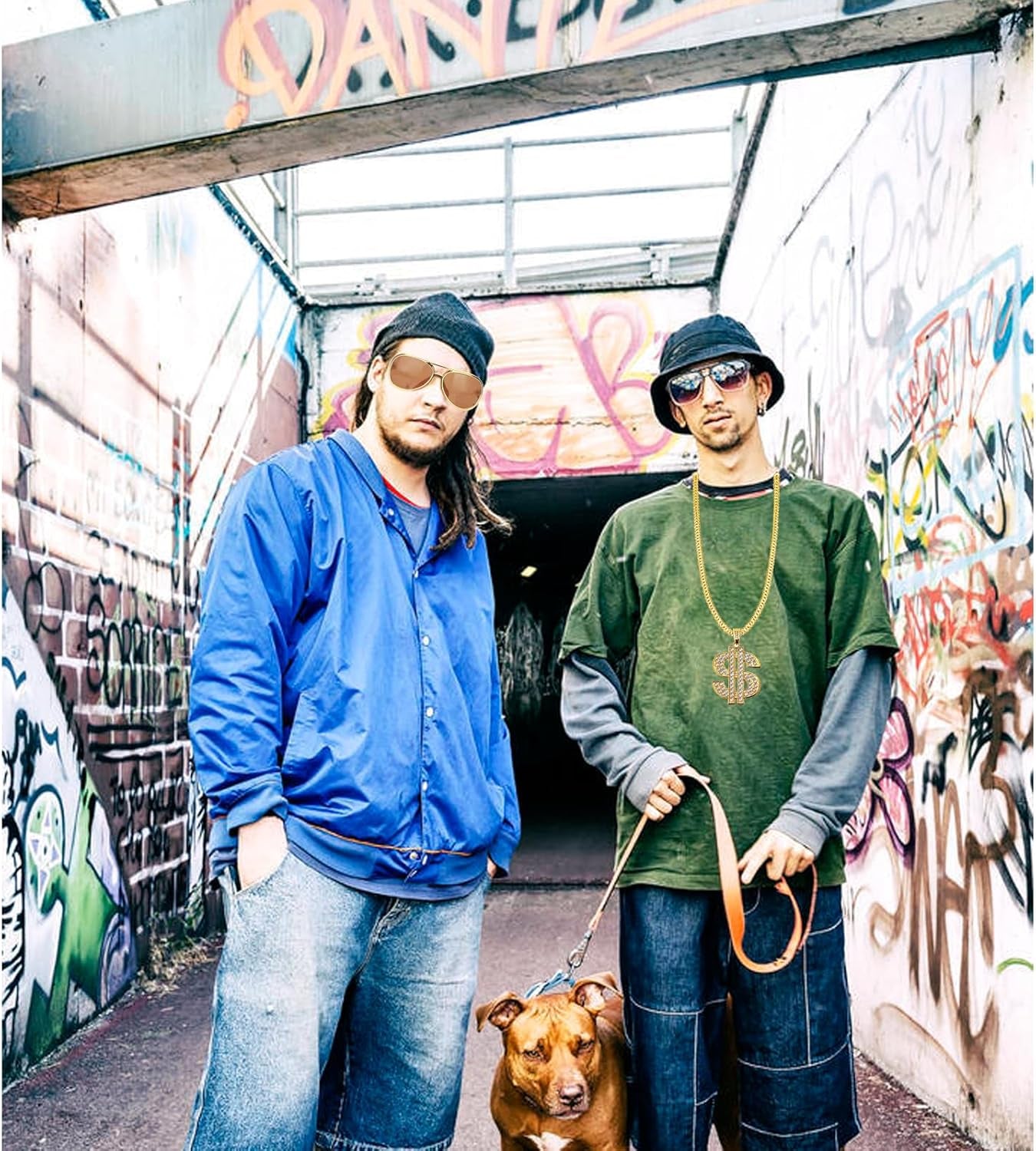 80S 90S Hip Hop Costumes Outfit for Men, ﻿8 Pcs Fake Gold Chain Money Sign Necklace Sunglasses Hat, Dollar Sign Finger Ring for Men Women Rapper Jewelry Accessories