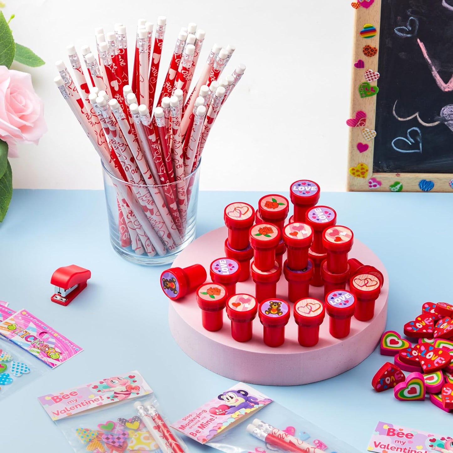 28 Pack Valentines Day Stationery Kids Gift Set for School Classmates Exchange, Party Favor, Includes Pencils, Erasers, Stamper, Stickers