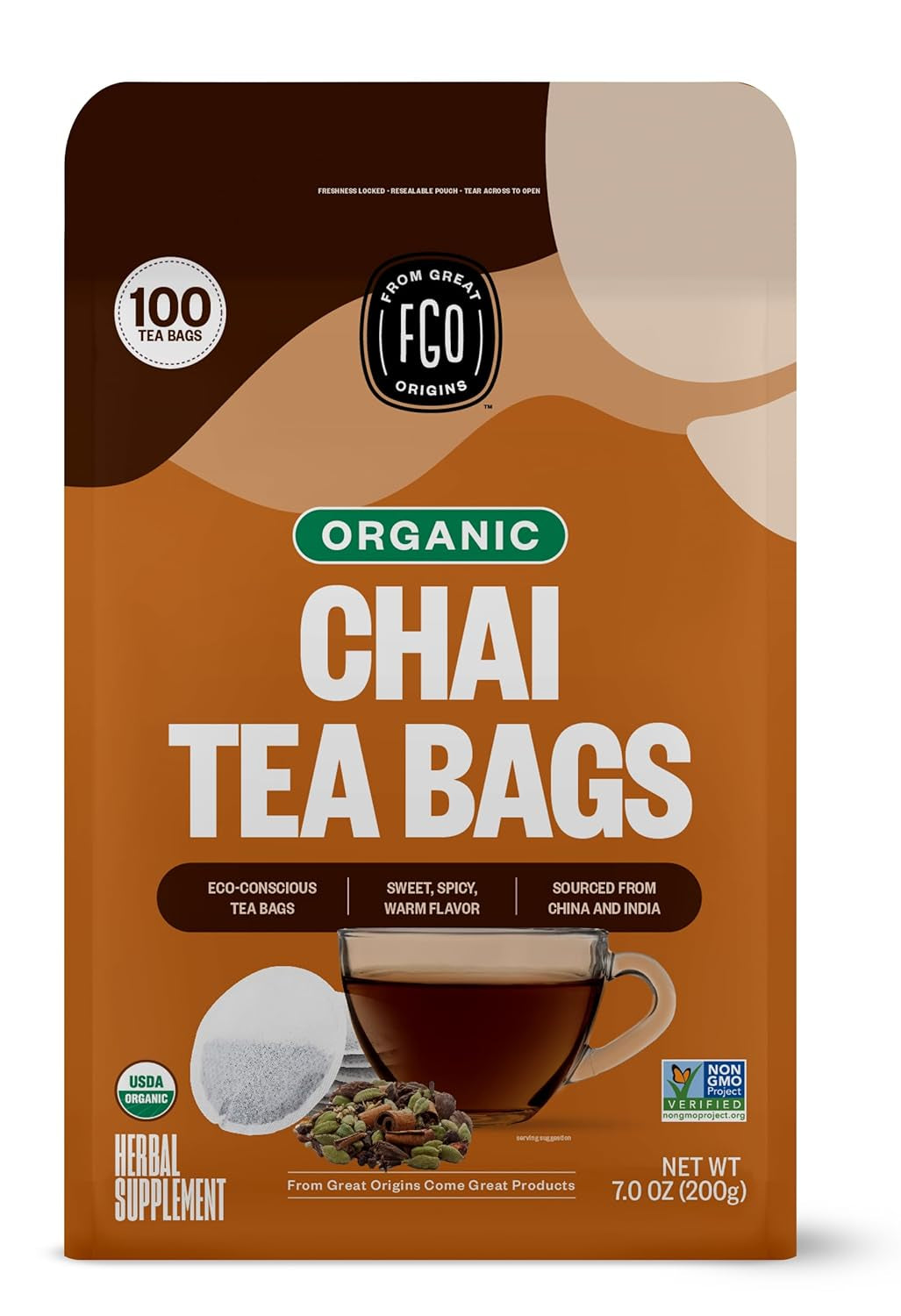 Organic Tulsi Holy Basil Tea, 100 Count, Eco-Conscious Herbal Tea Bags, Resealable Bag, Caffeine Free, Packaging May Vary (Pack of 1) TLBH
