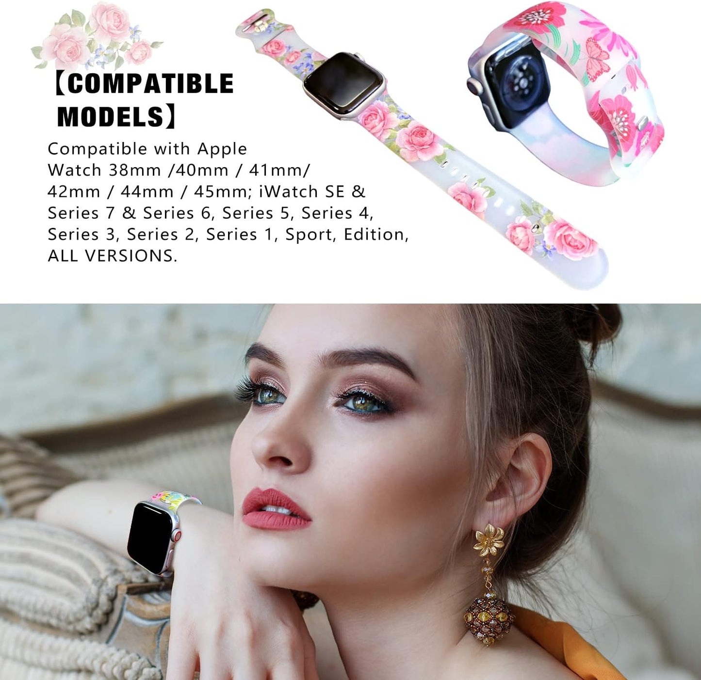 Elegant Tranfloral Watch Band Compatible with Apple Watch 38Mm 40Mm 41Mm 42Cm 44Cm 45Cm for Women, Cute Watch Smartwatch Strap Wristband Compatible with Apple Watch, Soft Silicone Flower Replacement Band for Iwatch Series 7 6 5 4 3 2 1 SE