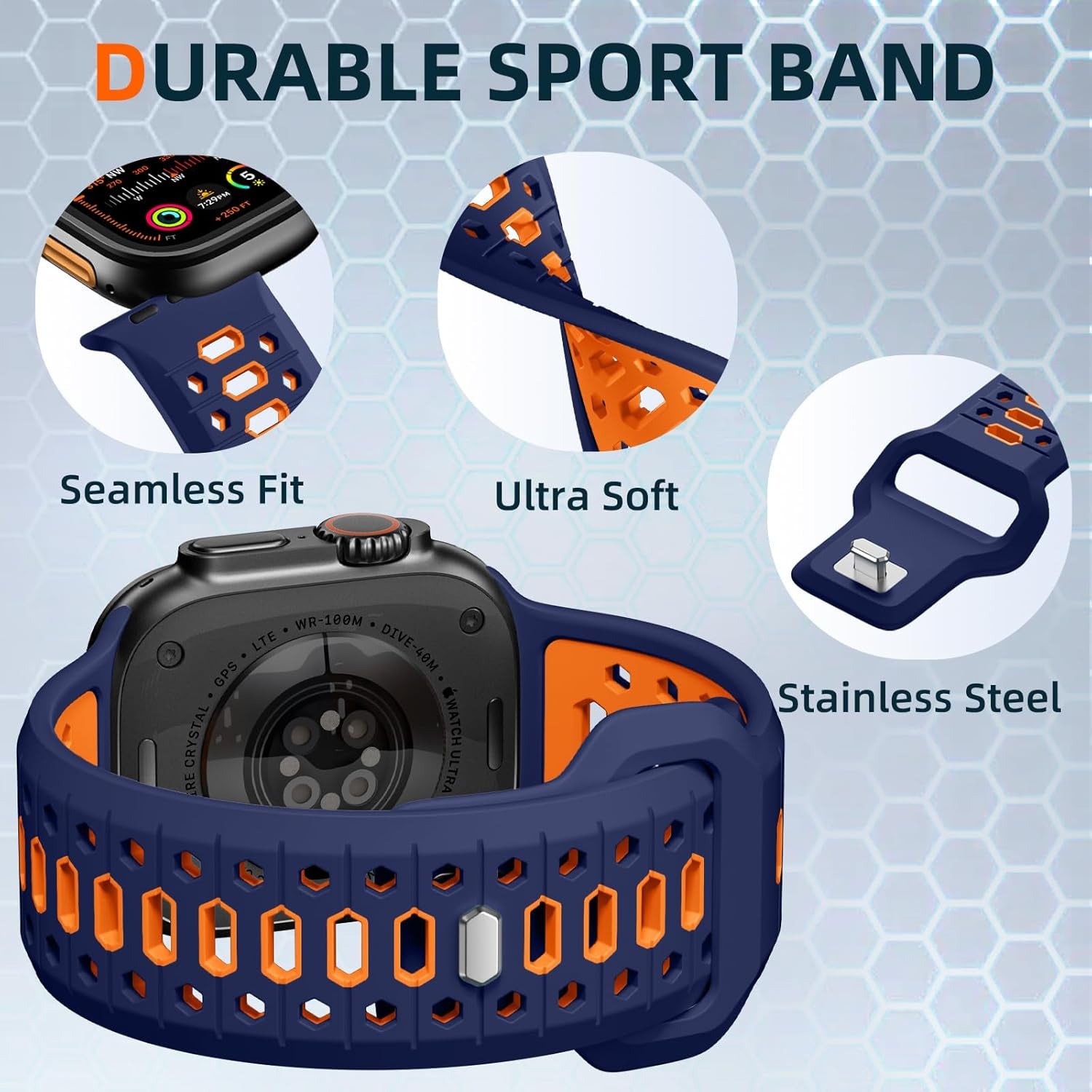 Navy Blue & Orange 26MM Width Breathable Silicone Sport Band Compatible with 49Mm Apple Watch Ultra 2/1, 46Mm Series 10, 45Mm Series 9 8 7, 44Mm Series 6 5 4 SE 2/1, 42Mm Series 3 2 1