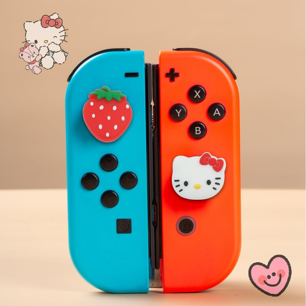 Switch Thumb Grips Caps, Cute Kitty Joystick Caps for Nintendo Switch/Lite/Switch OLED, 4 PCS Thumbstick Cover, Analog Stick Button Cover for NS Joycon Controller Accessories,Strawberry