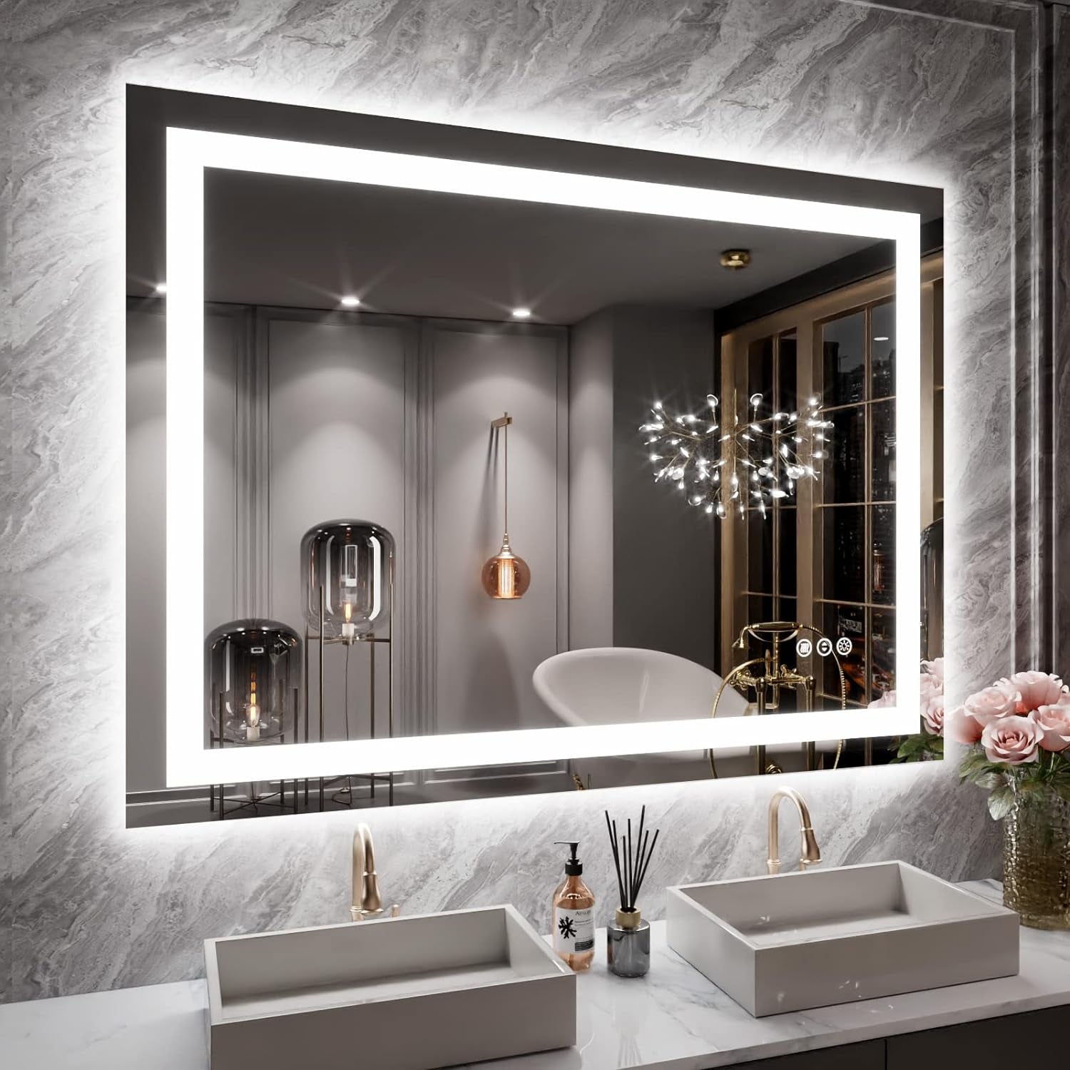 60”X30“ RGB LED Bathroom Mirror with Lights for Bathroom, Anti-Fog, Dimmable，Multiple Light Modes, RGB Backlit + Front Light, Memory Function, Tempered Glass