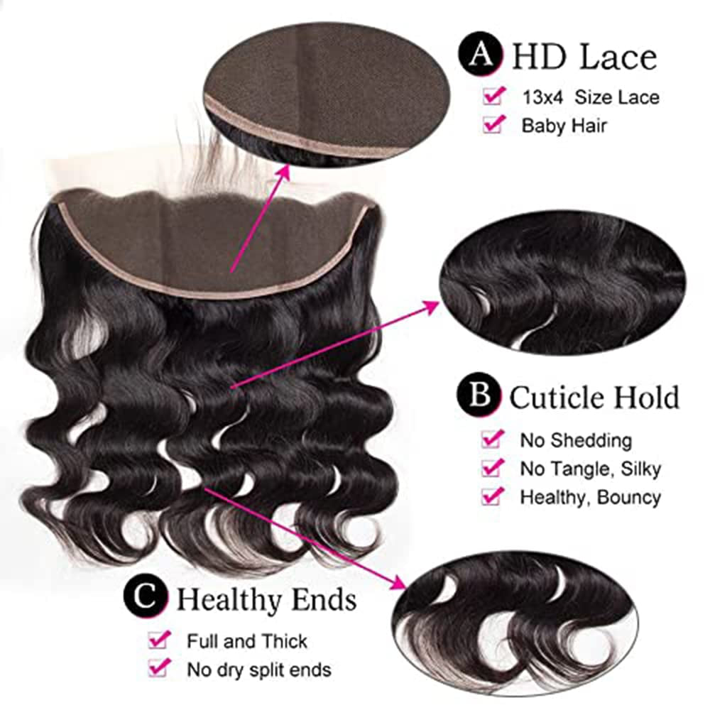 13X4 Ear to Ear Body Wave Lace Frontal Closure Brazilian Virgin Human Hair Transparent HD Lace Frontal Closure with Baby Hair Pre Plucked Natural Hairline Free Part 10 Inch Natural Black Color