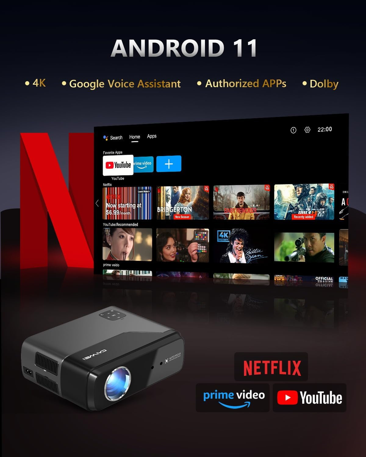 [ Netflix Official Licensed & Auto Focus ] Smart 4K Projector with WIFI6 Bluetooth,2024 Portable Home Theater Movie Projector with Android TV 11.0,Native 1080P Full HD Projector with Dolby,10000+ Apps