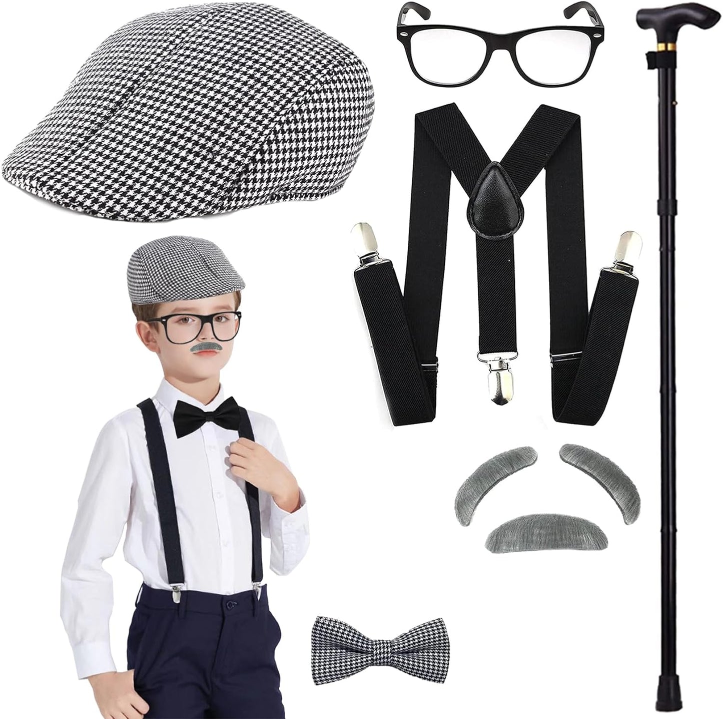 1920S Old Man Costume Kids-100 Days of School Grandpa Costumes Halloween Cosplay Accessories Newsboy Hat for Boys