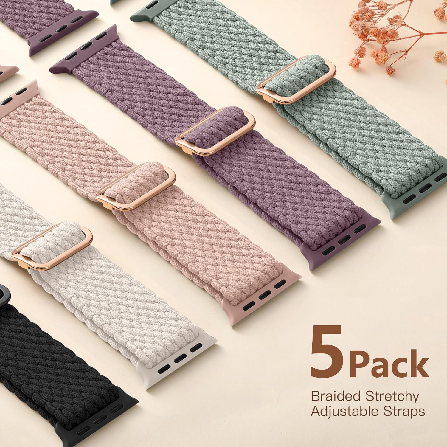 5 Pack Braided Stretchy Solo Loop Compatible with Apple Watch Bands 40Mm 38Mm 41Mm 44Mm 45Mm 49Mm 42Mm for Women Men, Elastic Nylon Adjustable Sport Straps for Iwatch Series 9 8 7 6 5 4 3 SE Ultra