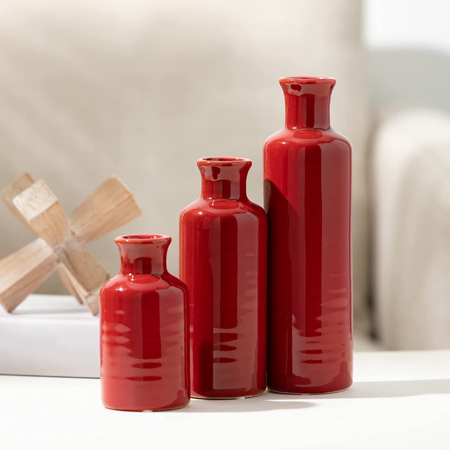 Vase Set, Farmhouse Decor, Aesthetic Room Decor, Boho Decor, Vases for Your Kitchen, Bedroom, Office, Living Room & Bathroom, Shelf Decor, Centerpiece Table Decorations, Red Vases (CM2407)