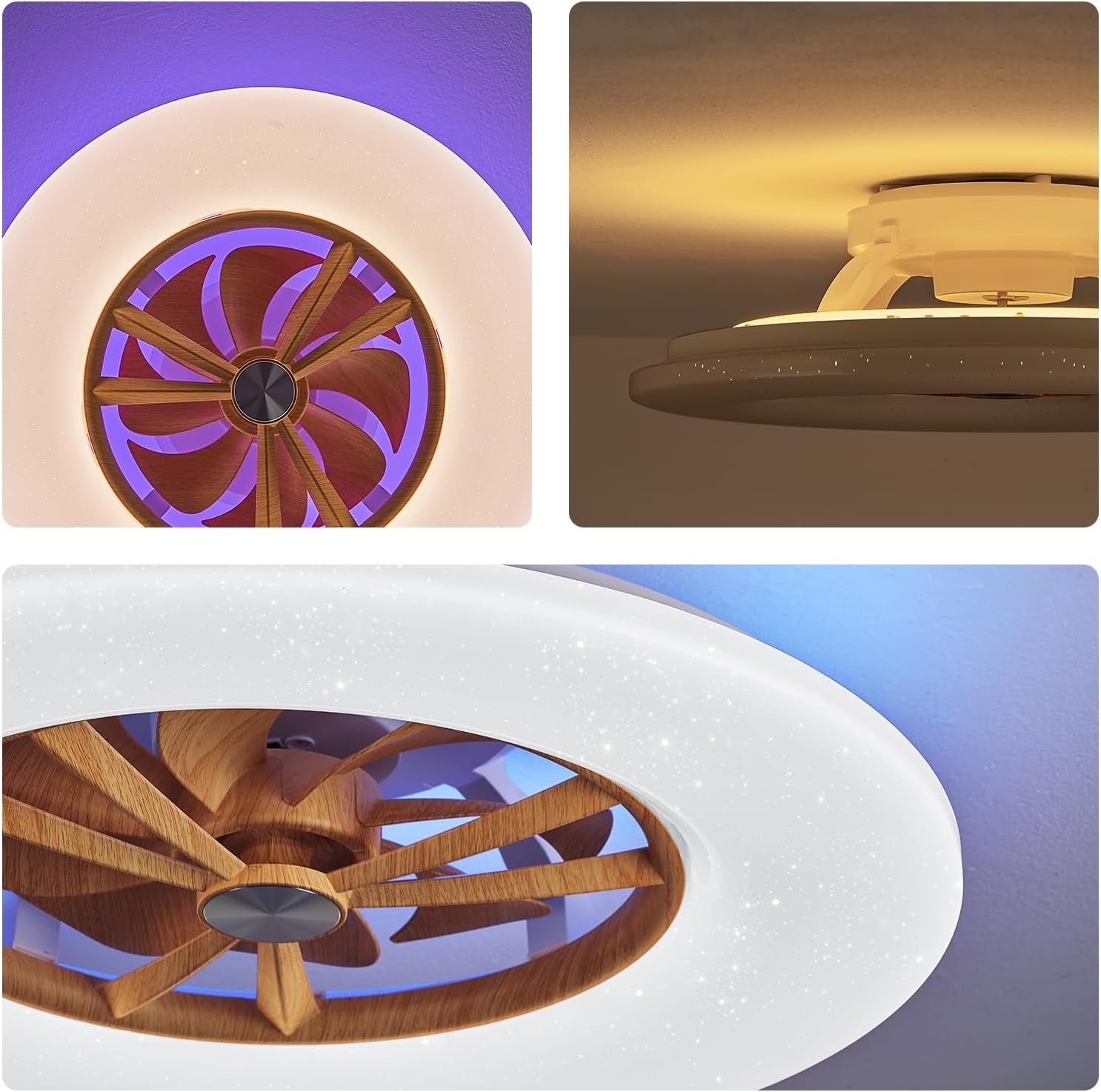 RGB Ceiling Fans with Lights, 24'' Low Profile Ceiling Fan with Light and Remote, Smart Ceiling Fans with 8 Blades, Compatible with Alexa, Google Home and App Controlled (Wood)