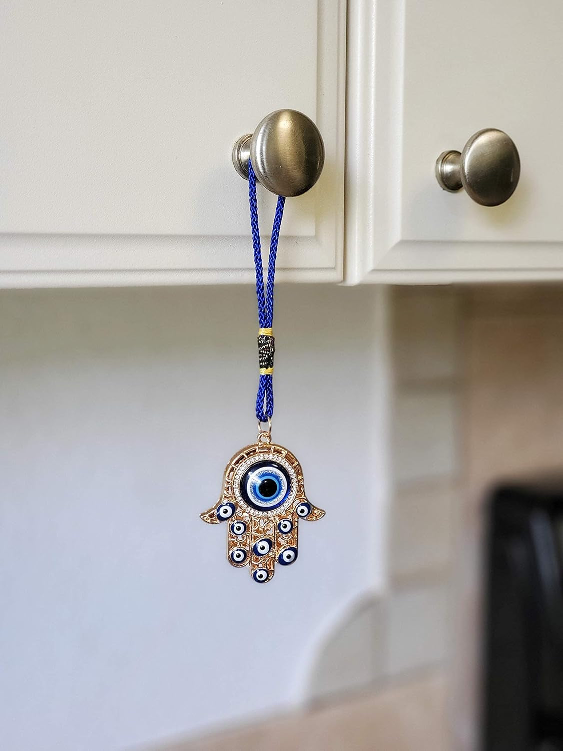 Hamsa Hand Amulet Pendant W/Crystal Rhinestones Blue, White & Black Evil Eye Car Hanging Ornament Rear View Mirror Accessories - Door, Wall, Bag Charms (Gold & Matching Tassel)
