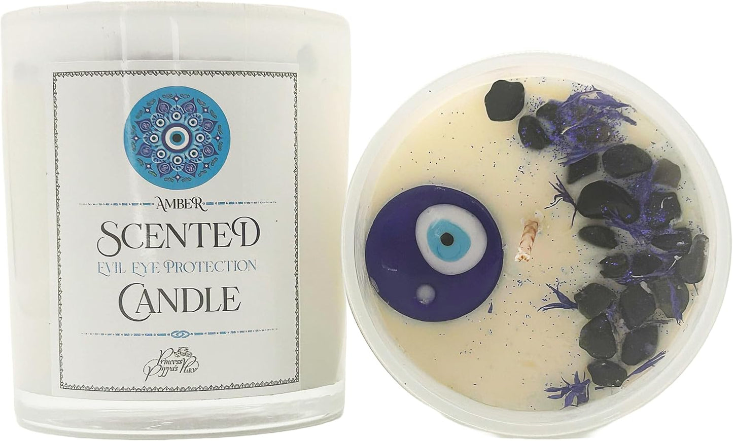 Evil Eye Candle, 10.5 Oz Evil Eye Spiritual Protection Candles with Crystals & Cotton Wick in Glass Jar, Soy Candle, Amber Scented Candles for Relaxing Healing Good Energy Aromatherapy Décor, Pack-1