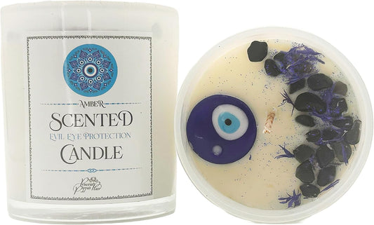 Evil Eye Candle, 10.5 Oz Evil Eye Spiritual Protection Candles with Crystals & Cotton Wick in Glass Jar, Soy Candle, Amber Scented Candles for Relaxing Healing Good Energy Aromatherapy Décor, Pack-1