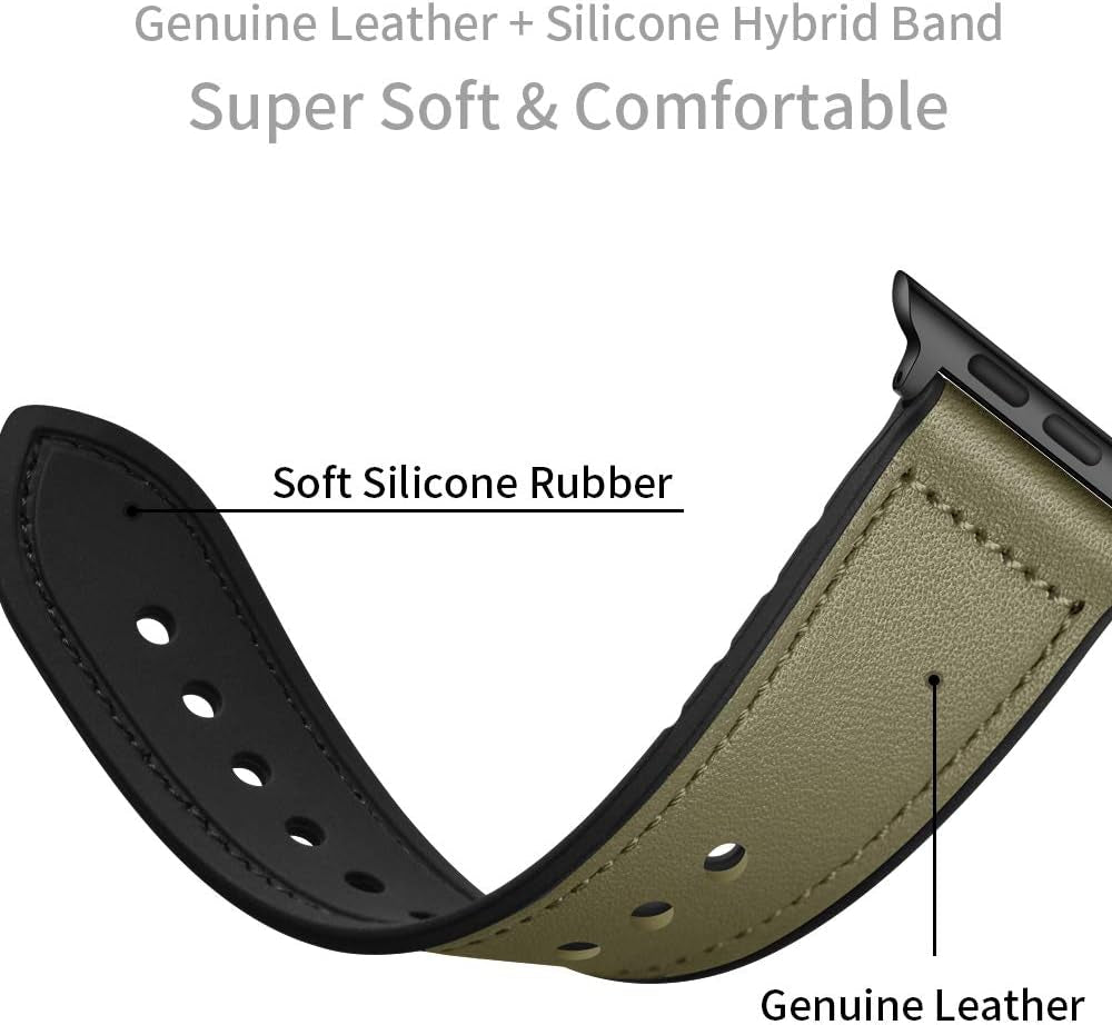 Compatible with Apple Watch Band 41Mm 40Mm 38Mm, Sweatproof Genuine Leather and Rubber Hybrid Band Strap for Iwatch Series 9 8 7 6 5 4 3 2 1 SE2 SE, Army Green Band with Black Adapter