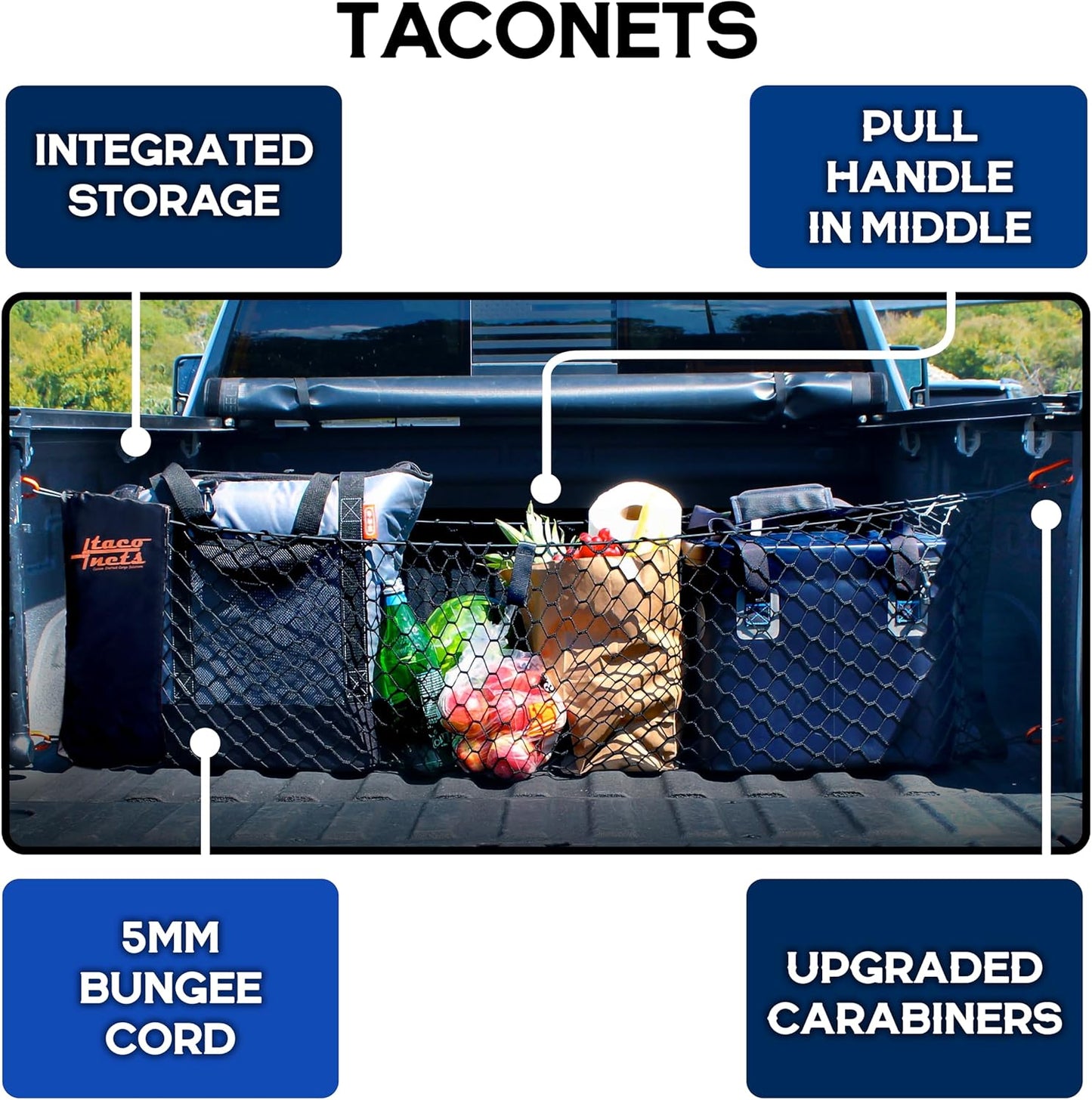 GMC Sierra & Chevy Silverado Envelope Style Truck Bed Cargo Net - Fits 2013-2024 - Upgraded 5Mm Bungee - Free Storage Bag - Heavy Duty Carabiners - Designed in USA - 18" X 50"