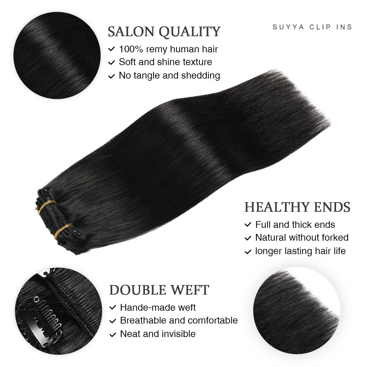 Clip in Hair Extensions Real Human Hair, 16 Inch 120G Jet Black Clip in Hair Extensions Human Hair Straight Human Hair Clip Ins Double Weft Hair Extensions Clip Ins(16 Inches #1 Jet Black)
