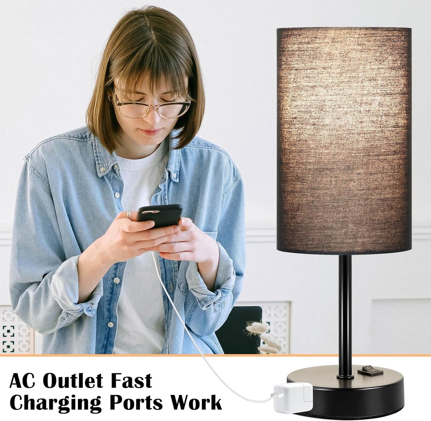 Table Lamp for Bedroom Set of 2, Bedside Small Lamps with 3 Way Dimmable Rocker Switch and AC Outlet, Nightstand Desk Lamp with Black Fabric Shade Black Base for Living Room Home Decor Lights