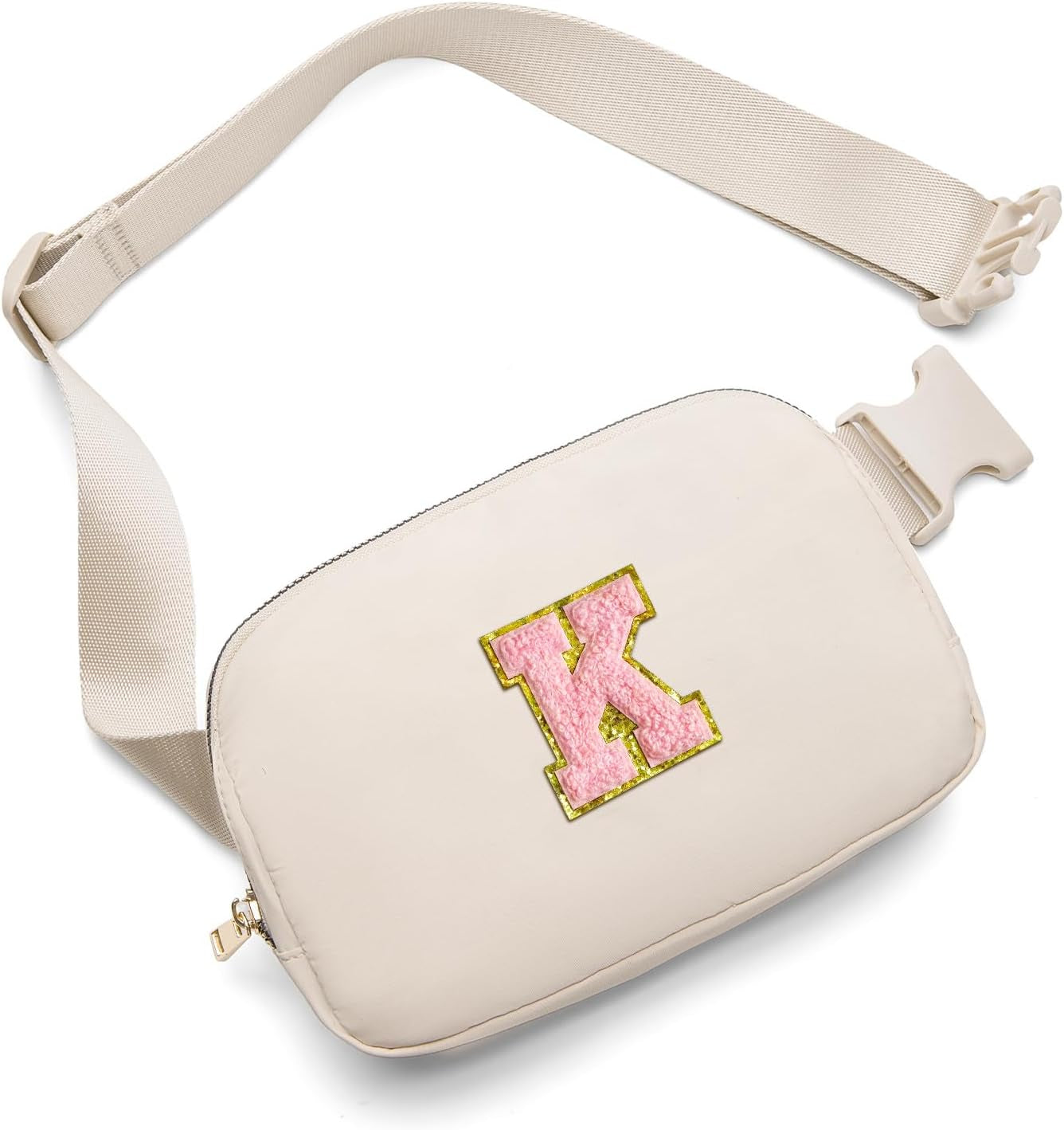 Belt Bag Fanny Pack Crossbody Bags with Initial Letter Patch Cute Stuff Birthday Gifts for Teenager Girls Cool Stuff for Teens Trendy Preppy Stuff for Teen Girls (Beige-A)