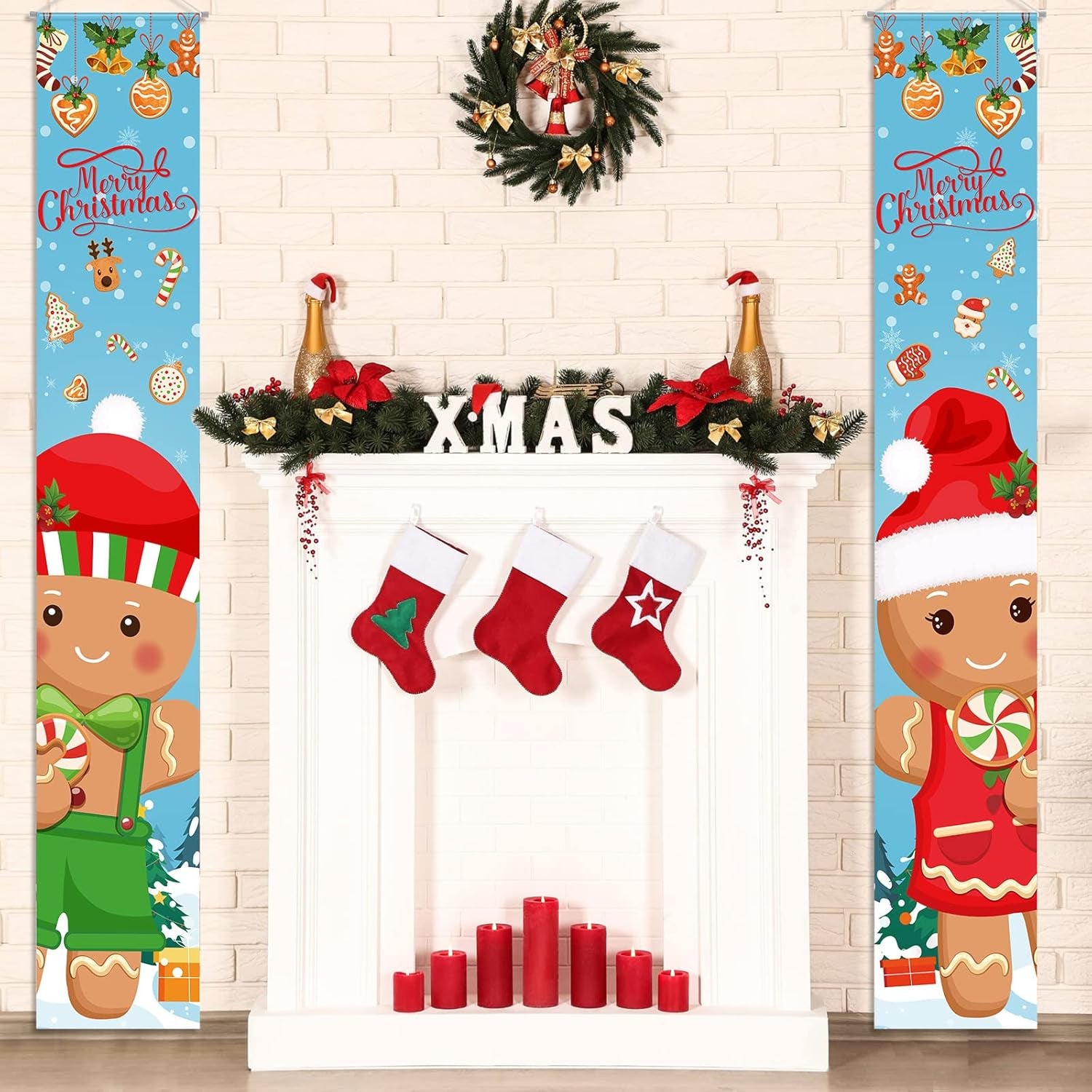 2 Pcs Christmas Porch Sign Gingerbread Door Sign Banner Christmas Hanging Door Banner for outside Indoor Outdoor Home Front Porch Holiday Xmas Decorations Gingerbread Party Supplies