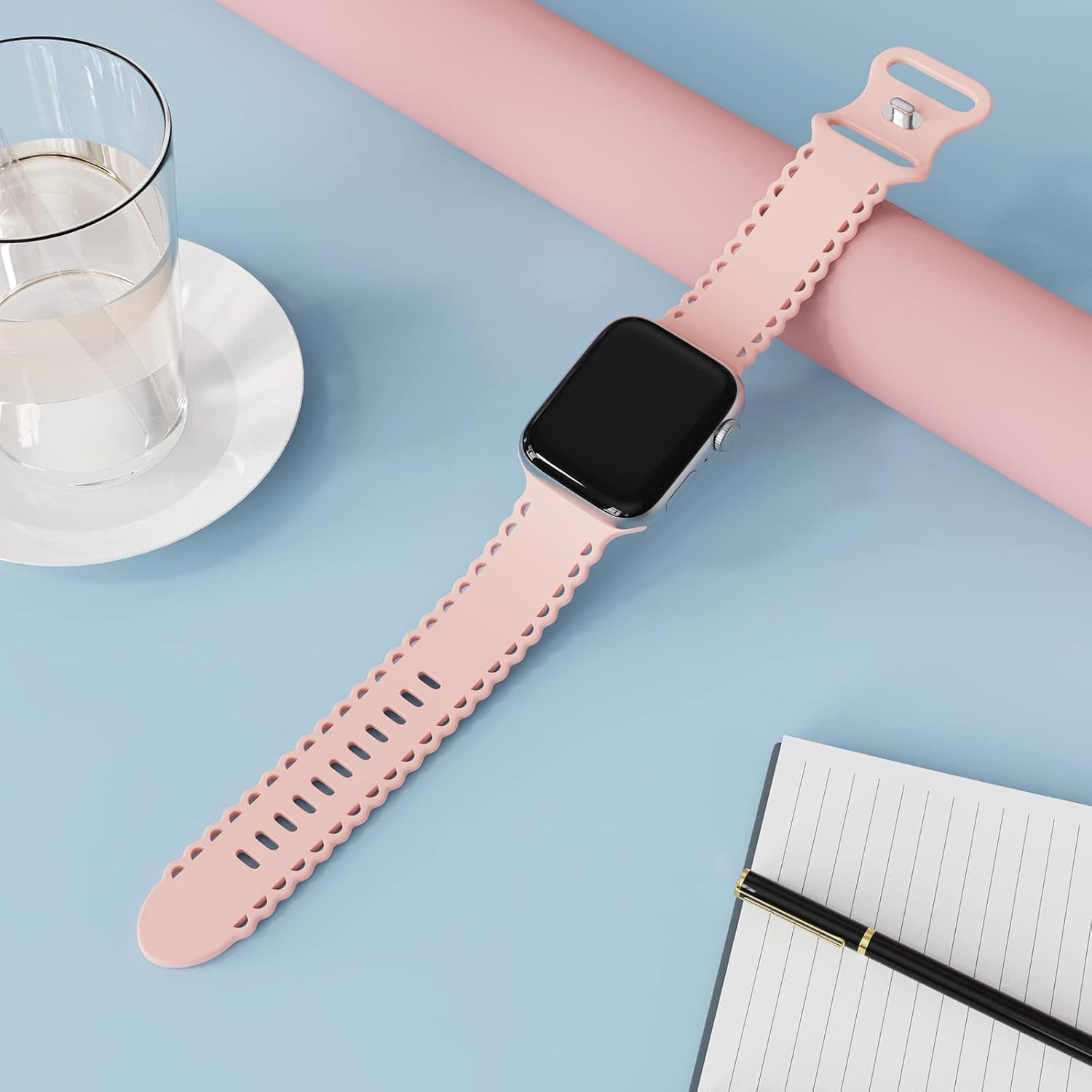 Compatible with Apple Watch Band 41Mm 40Mm 38Mm 49Mm 45Mm 44Mm 42Mm Women Girl, Pink Sand Lace Hollow-Out Soft Silicone Sport Bands for Iwatch Ultra SE Series 10 9 8 7 6 5 4 3 2, Pinksand-38