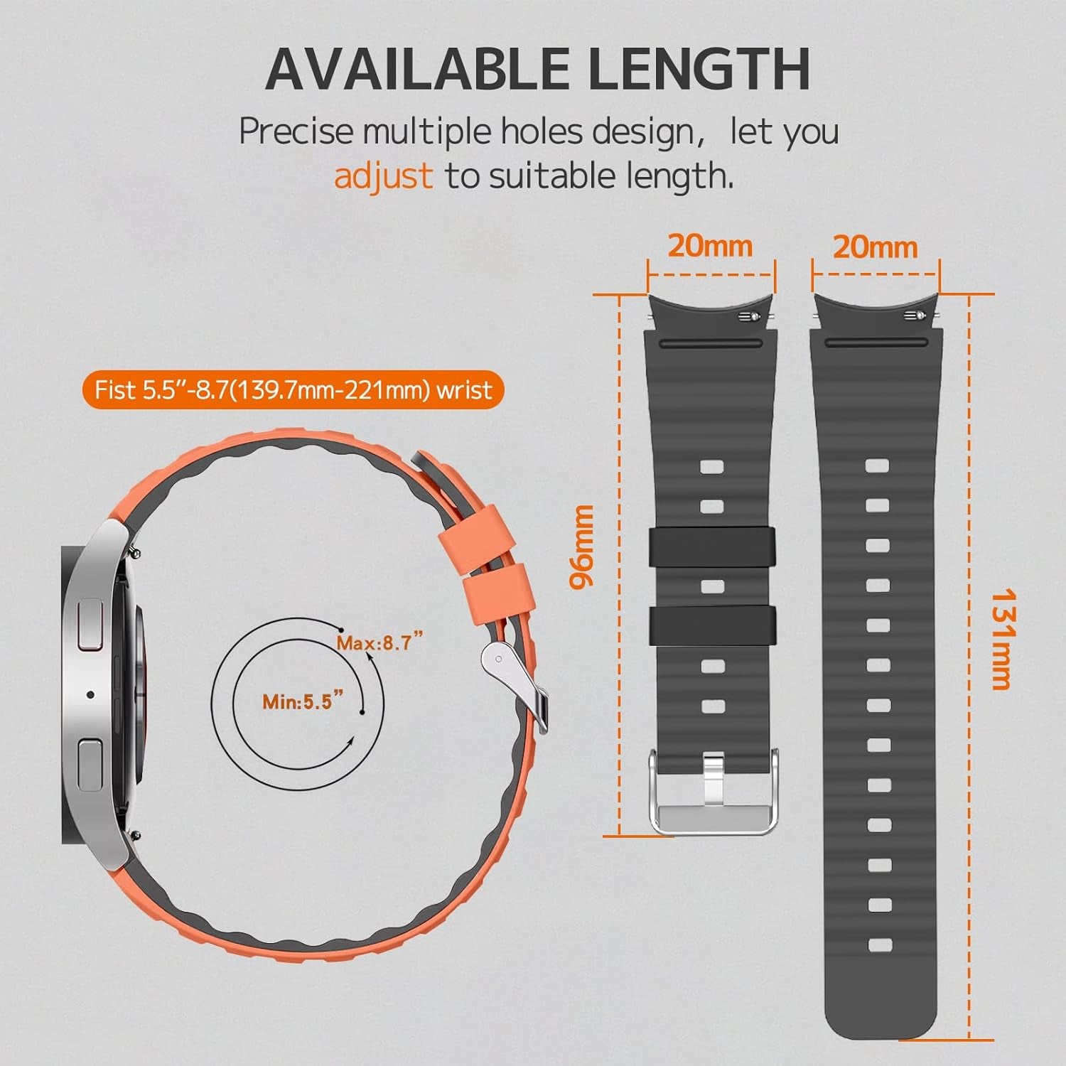 Compatible for Samsung Galaxy Watch 7 Band Galaxy Watch FE 6 5 4 3 Classic Band 40Mm 44Mm 45Mm 42Mm 46Mm 43Mm 47Mm 41Mm,Sport Silicone Galaxy Watch 6 Bands for Samsung Watch 7 Band Black Grey