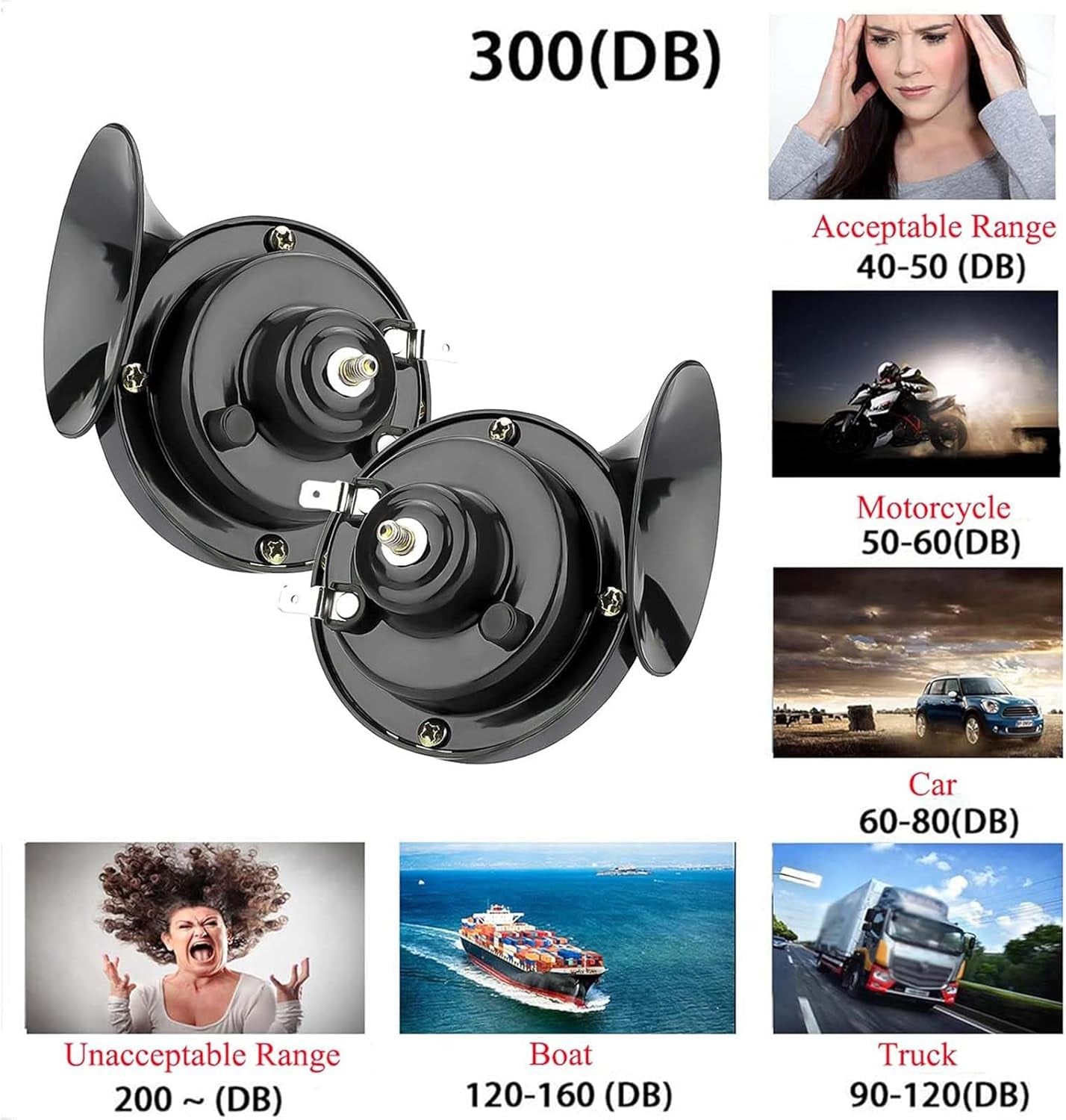 300DB Super Loud Train Horns for Truck, 2Pcs 12V Car Horn Kits, Loud Dual-Tone Waterproof Electric Air Horns, Automotive Accessories Universal for Cars Pickup Trucks Motorcycle Bike Boat (Black) TRUCK DRIVER