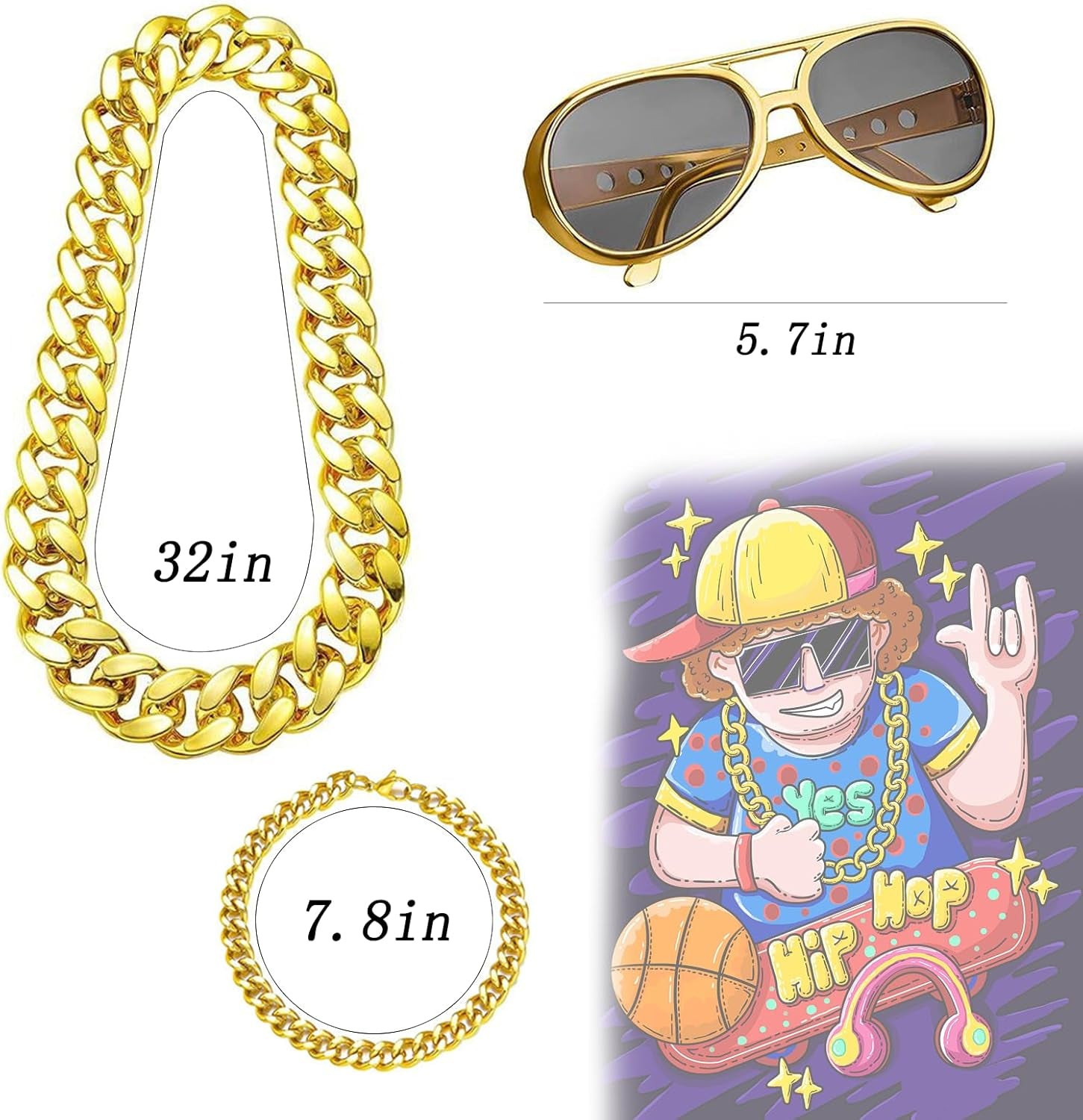 80S 90S Hip Hop Costumes Outfit for Men, ﻿8 Pcs Fake Gold Chain Money Sign Necklace Sunglasses Hat, Dollar Sign Finger Ring for Men Women Rapper Jewelry Accessories