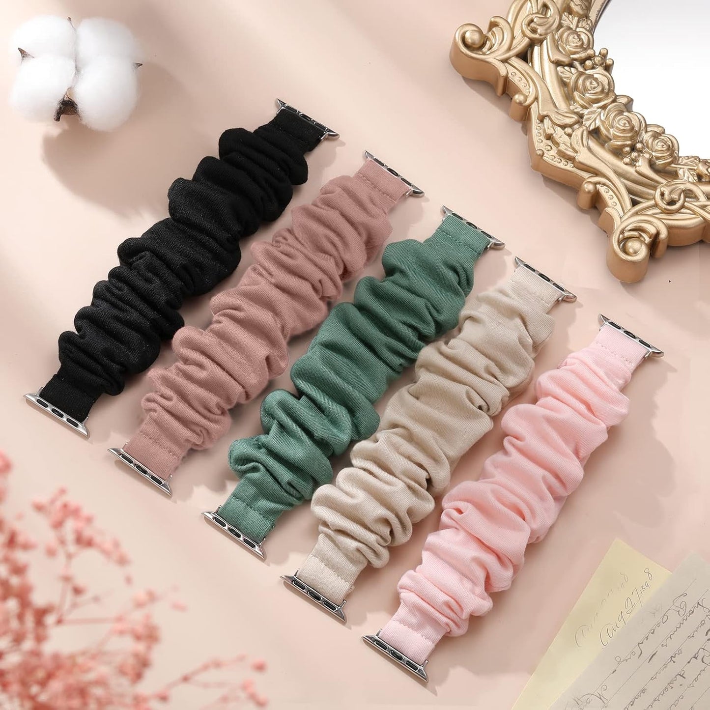 5 Pack Scrunchie Bands Compatible with Apple Watch Band 38Mm 40Mm 41Mm 42Mm 44Mm 45Mm 49Mm for Women, Cute Fabric Scrunchy Adjustable Elastic Strap for Iwatch SE Ultra Series 8 7 6 5 4 3 2 1
