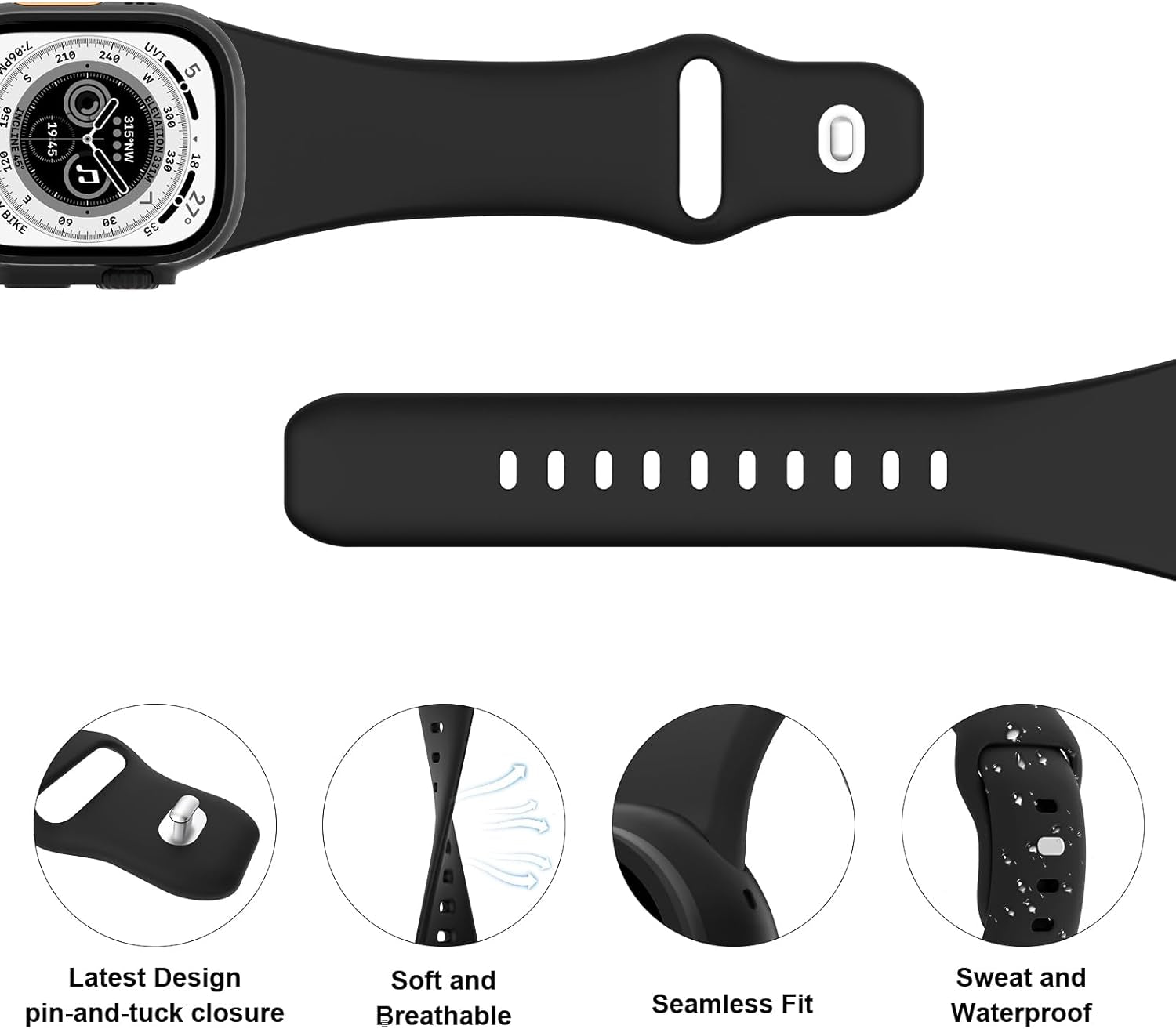Sport Bands Compatible with Apple Watch 38Mm 40Mm 41Mm 42Mm 44Mm 45Mm 49Mm, Soft Silicone Replacement Waterproof Strap Wristband for Iwatch Series Ultra 9/8/7/6/5/4/3/2/1 SE Women Men, Black