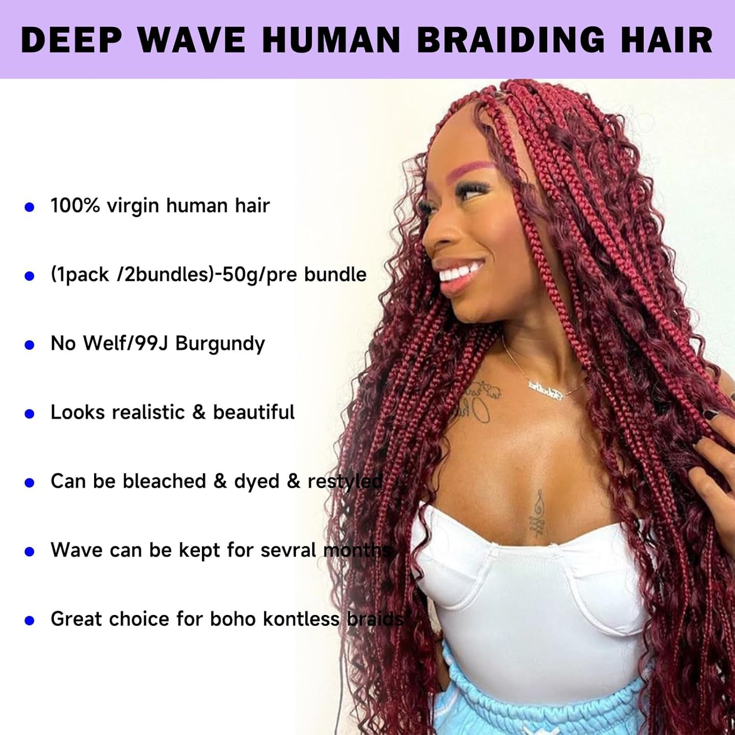 Langer 99J Burgundy Human Braiding Hair Deep Wave Bulk Human Hair for Braiding No Weft Bundle 100G 2 Bundles/Pack 16A Brazilian Virgin Water Curly Human Hair Extensions for Boho Braids Hair 20 Inch