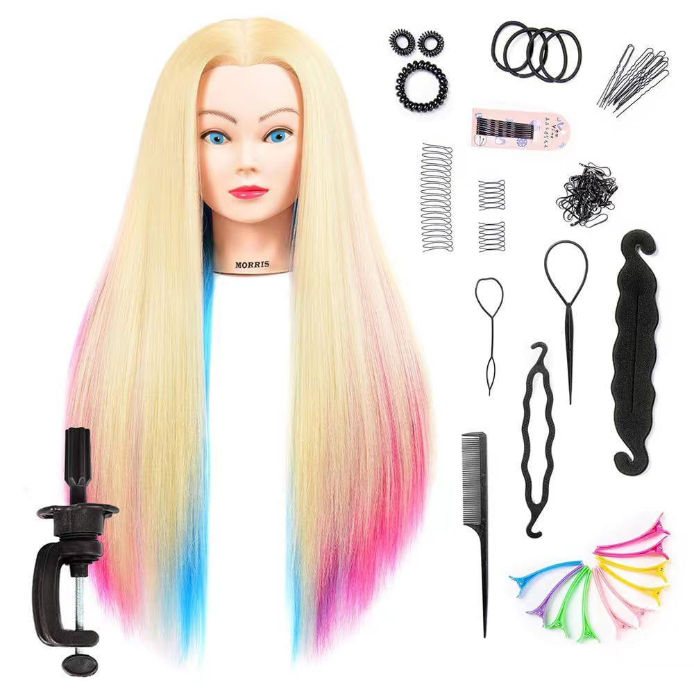 Mannequin Head with Long Synthetic Fiber Colorful Hair Styling Training Head 26-28Inch Manikin Cosmetology Doll Head Hairdressing Training Model for Cutting Braiding Practice and Free Clamp Holder