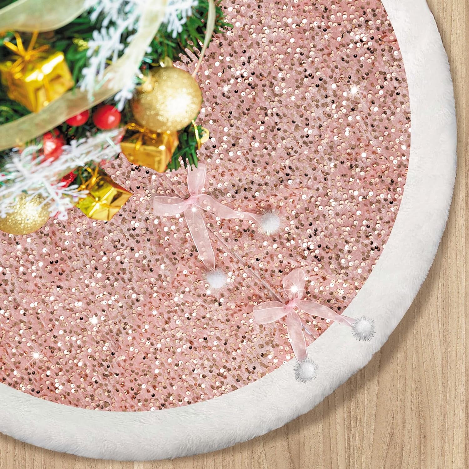 Christmas Tree Skirt, Pink Sparkly with Faux Fur Plush Christmas Decorations Tree Base Mat Thick Velvet Rugs for Xmas Party Home Decor (Pink)