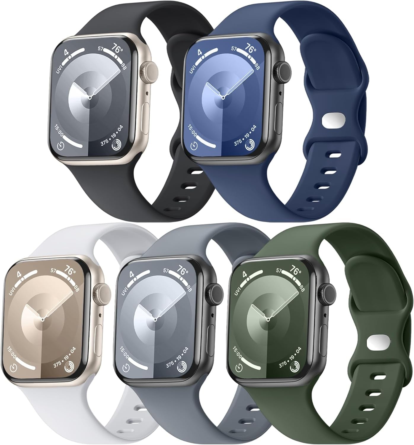 5 Pack Soft Silicone Bands - Compatible with Apple Watch Ultra 2 & Ultra Band 49Mm 45Mm 44Mm 42Mm 41Mm 40Mm 38Mm for Men Women, Breathable Sport Strap Band for Ultra 2 Iwatch Series 9 8 7 6 SE 5 4 3 2