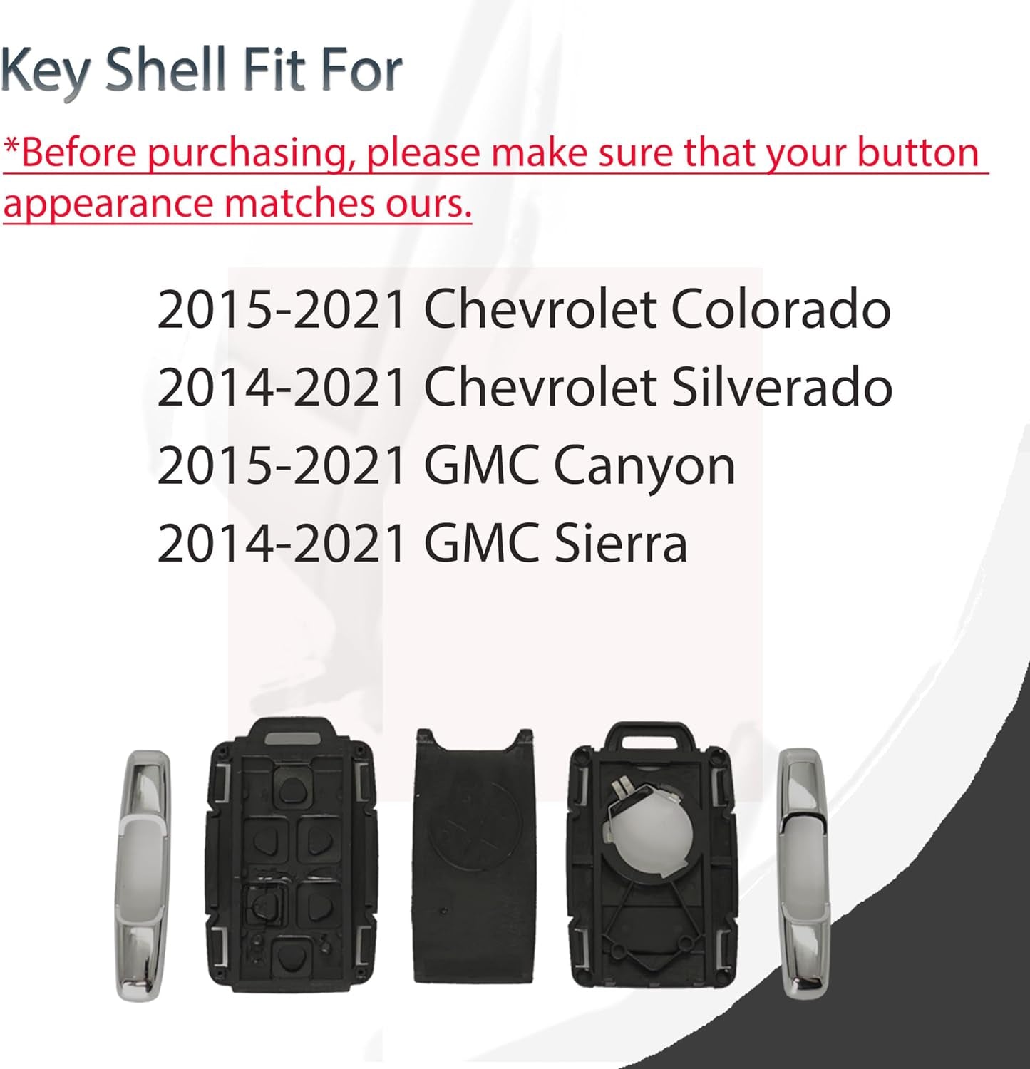 Key Fob Shell Case Replacement Fits for Chevy Silverado Colorado GMC Canyon Sierra 2014 2015 2016 2017 2018 2019 2020 2021 Keyless Entry Remote Control 4 Button Pad Outer Cover M3N-32337100