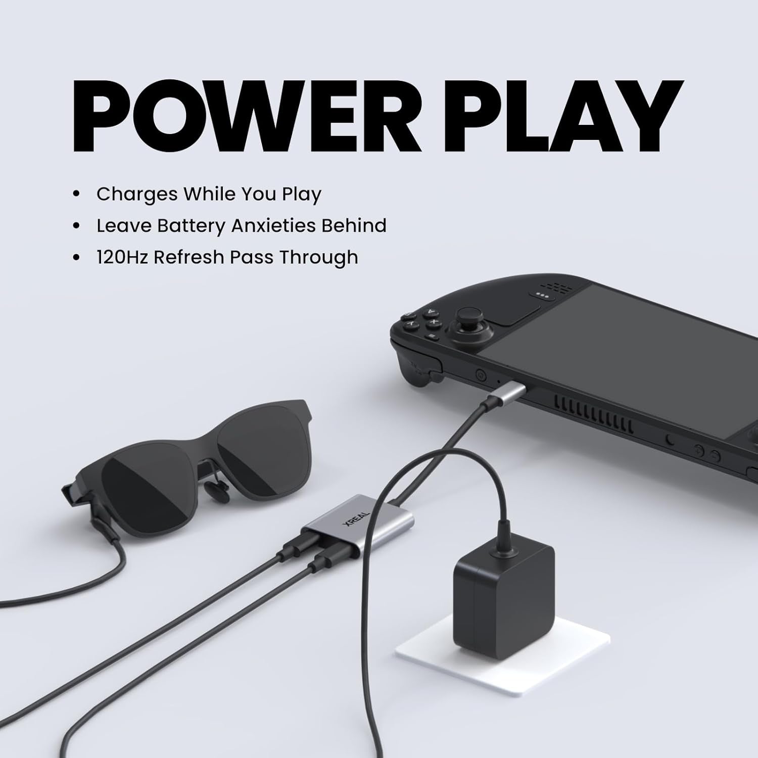 Hub, Power and Play Adapter, Power Your AR Glasses While Charging Your Source Device, like Steam Deck, ROG Ally, Switch, Iphone 15 or Android Phone, Support 45W Fast Charging and 120Hz