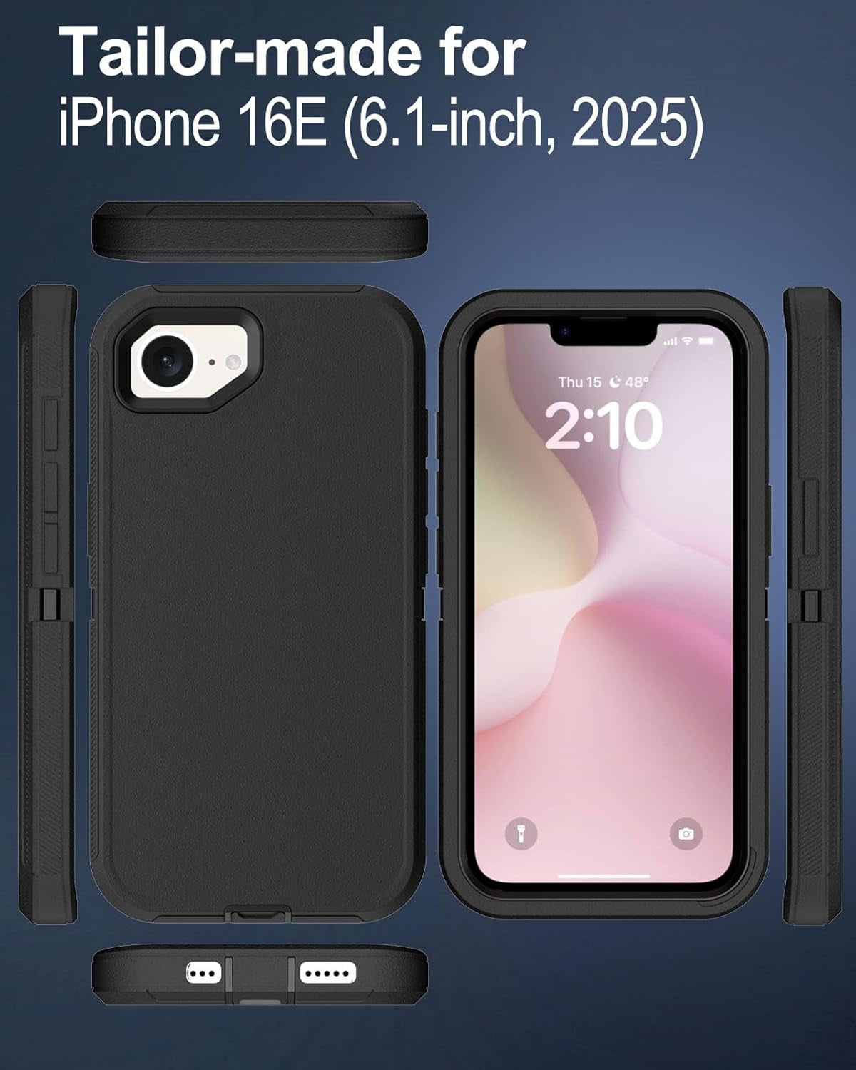 For Iphone16E Case, 16Ft Drop Protection, with Dustproof Port Cover, Full-Body Shockproof Heavy Duty Phone Case for Iphone 16E(2025), Black