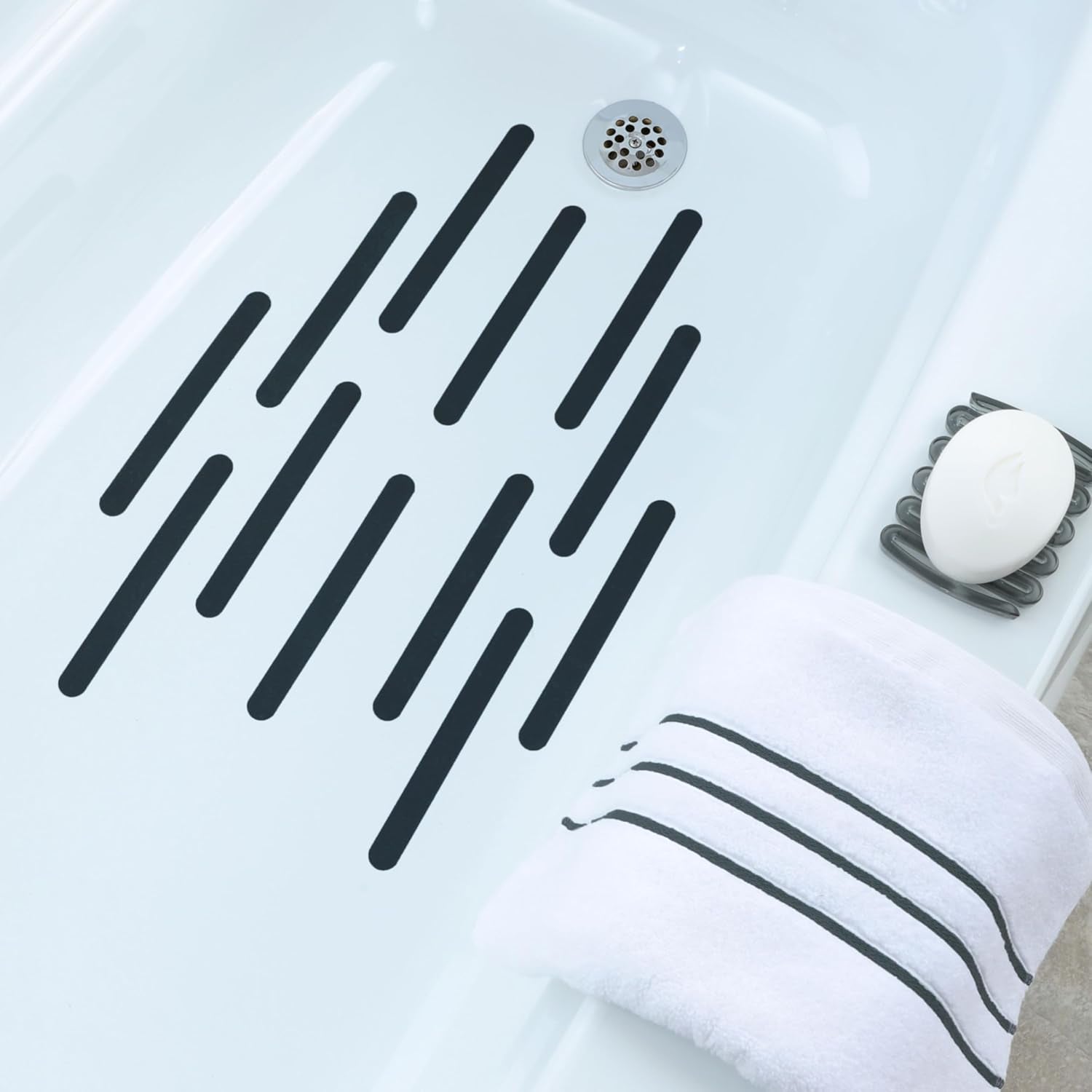 Microban-Infused Non-Slip Adhesive Safety Treads | Anti-Slip Bathroom Accessories - Bathtub, Shower, Pool, Boat, & Stair Tread Stickers | 7.5" X.75 Power Grip Strips (12, Black)