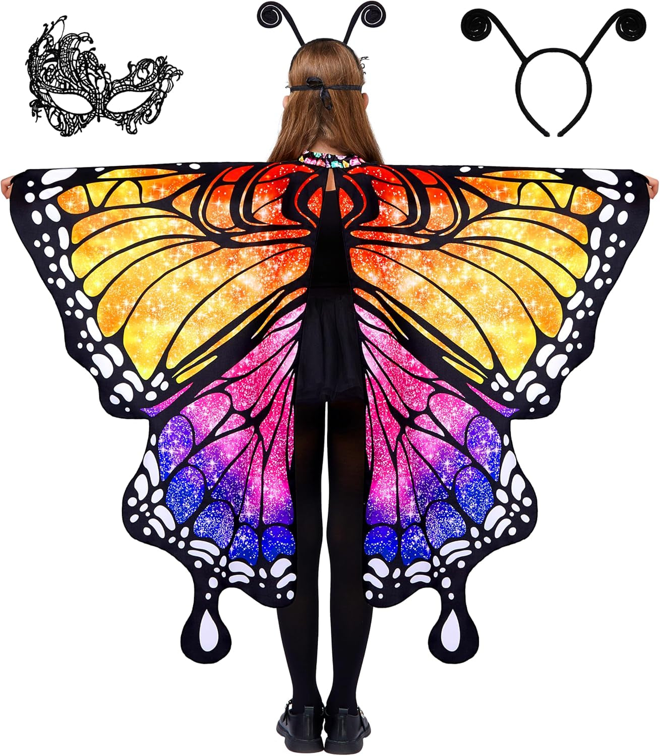 Starry Butterfly Wing, Butterfly Costume Kids for Halloween Costume Girls with Butterfly Shawl, Black Hairband and Eye Mask